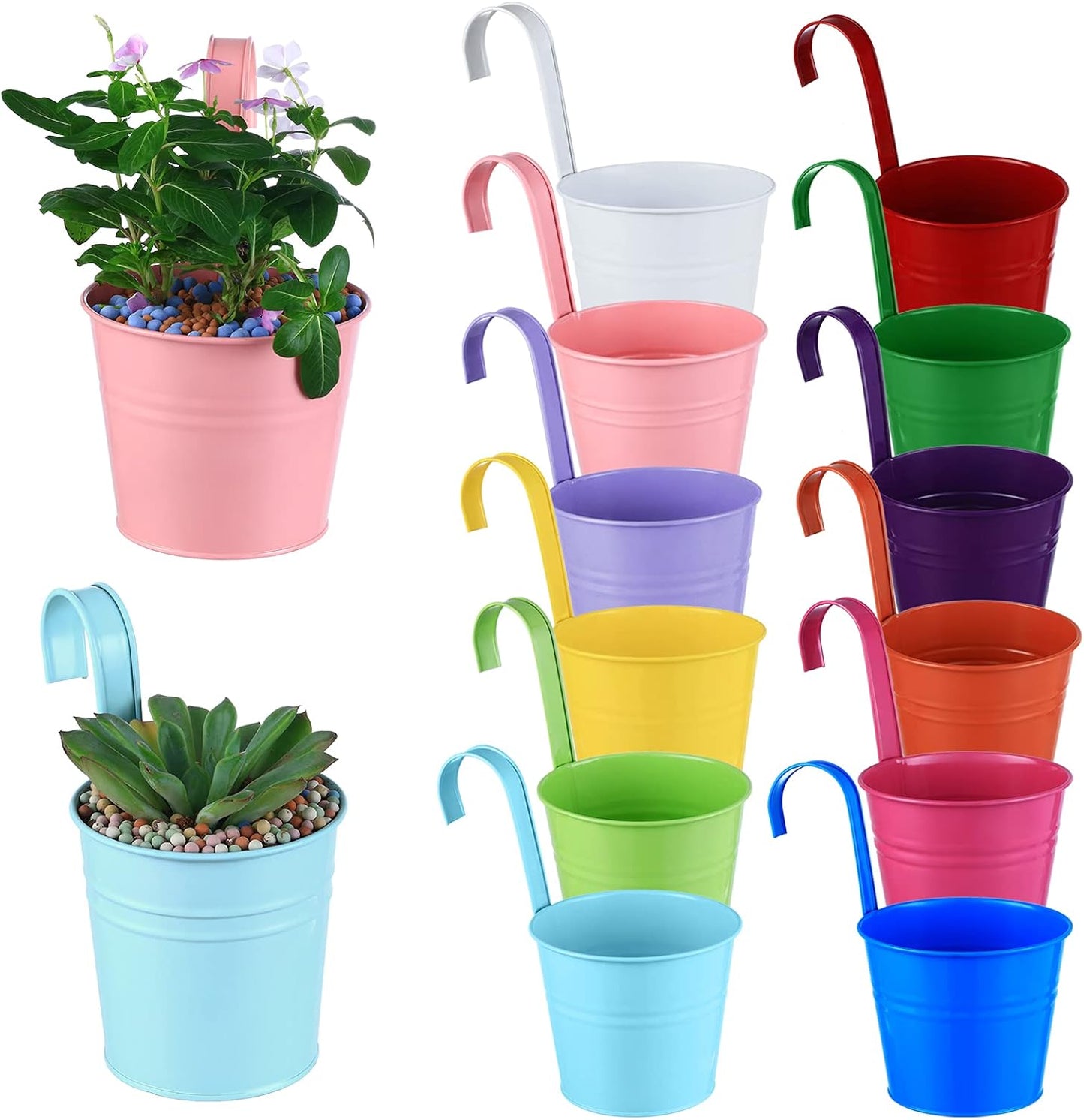 12 Pack Balcony Planters Railing Hanging, Colorful Railing Planter 5.2 Inches Plant Pots with Drainage Holes Hanging Plant Holder Indoor Hanging Planters