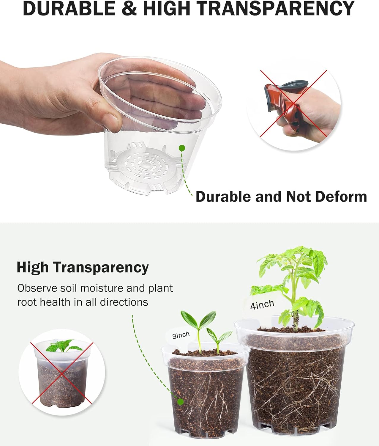 homenote Clear Nursery Pots for Plants,3 Inch Plant Pot for Planting Plastic Seedling with Drainage Holes Seed Starter Flower High Transparency with 20 Labels (60 Pack)