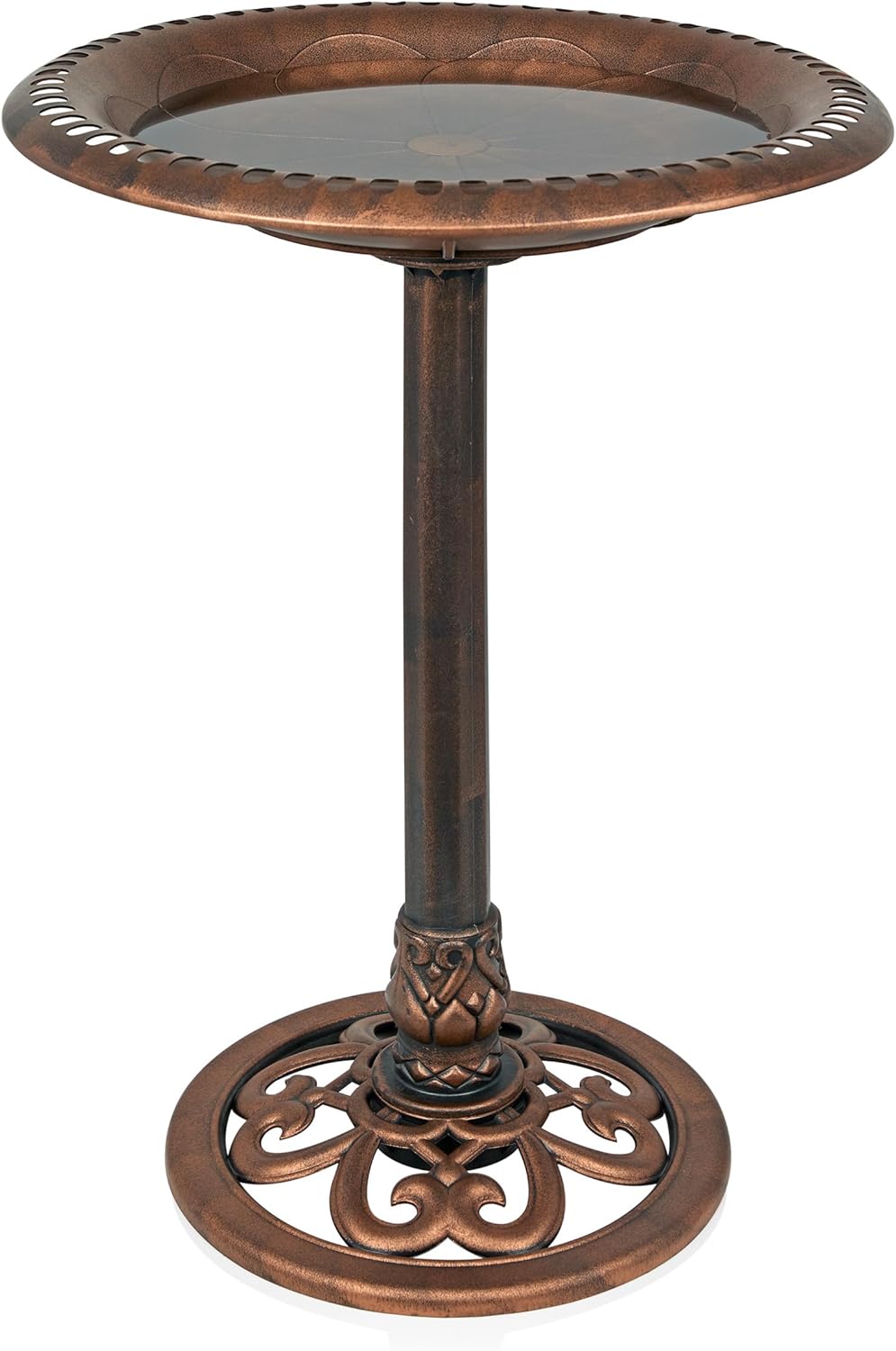 Alpine Corporation TEC116BZ Outdoor Pedestal Birdbath w/Scrollwork Base and Stakes, Elegant Garden Birdbath, 28" H, Bronze