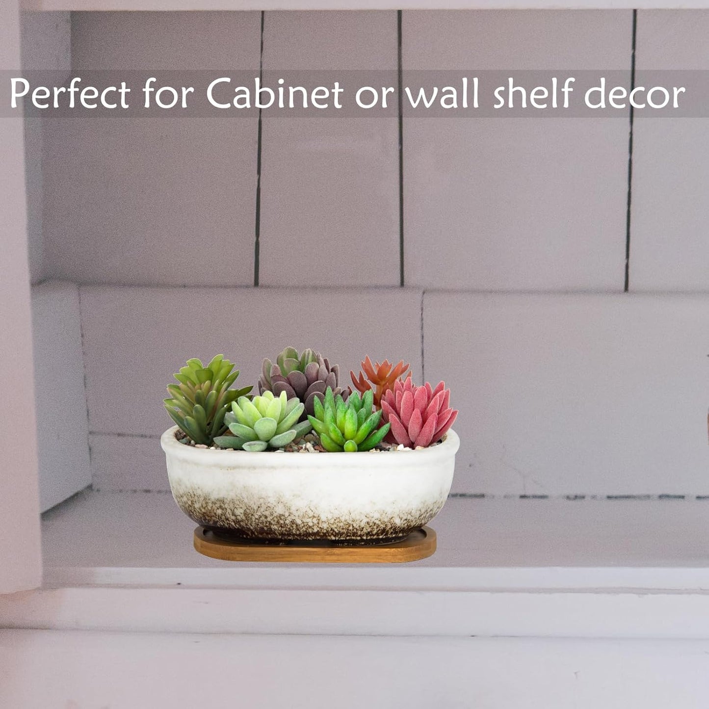 ARTKETTY Succulent Pots, 1 Rectangle Planter + 1 Ceramic Bonsai Pot with Drain Tray, 2 Pack Large Shallow Succulent Planters for Indoor Plants, Round Cactus Flower Plant Pot for Desk Windowsill Decor