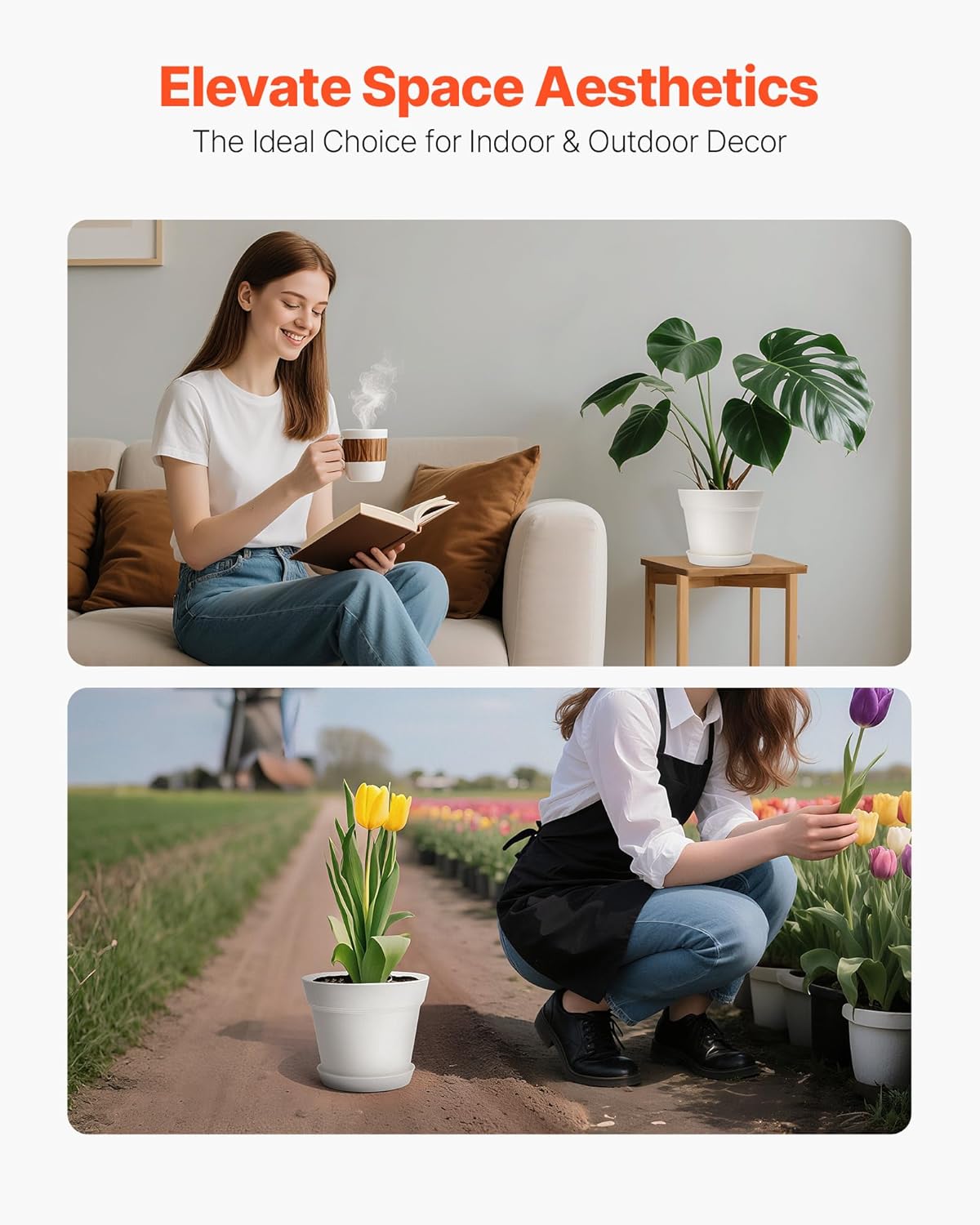 VEVOR Plastic Plant Pots, 16 Packs 6 in Durable Planters, Lightweight Nursery Pots with Drainage Holes & Detachable Saucers, Round Tapered Flower Pot for Indoor & Outdoor Plants, Home Garden Decor