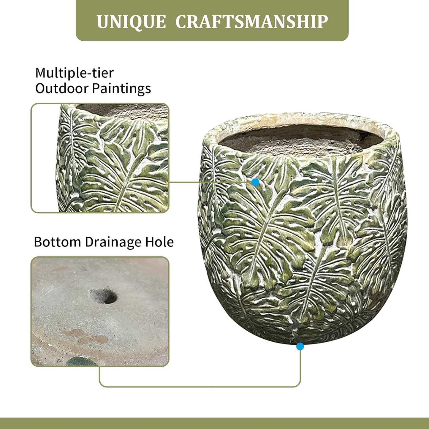 Craft flowerpots 18"+13"+9" Dia Round Concrete Planter Set of 3 Large Outdoor/Indoor Planter Pots Containers with Drainage Holes and Rubber Plug for Home Garden (Green, Large)