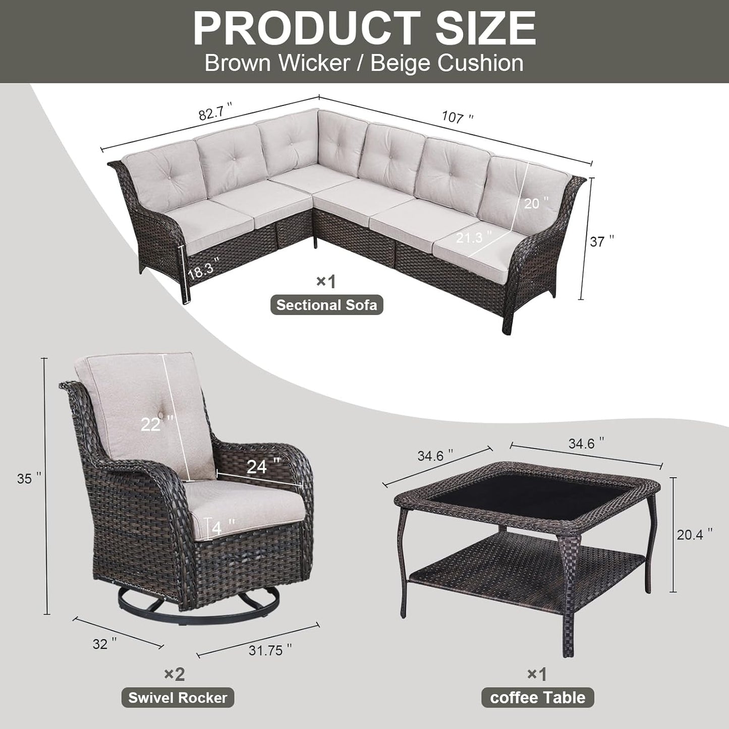 Outdoor Furniture Sectional Sofa L Shaped Couch - Patio Wicker Set with 2 Swivel Glider Chairs, 5 Piece Rattan Patio Conversation Sets with Beige Cushion for Deck Backyard Sunroom