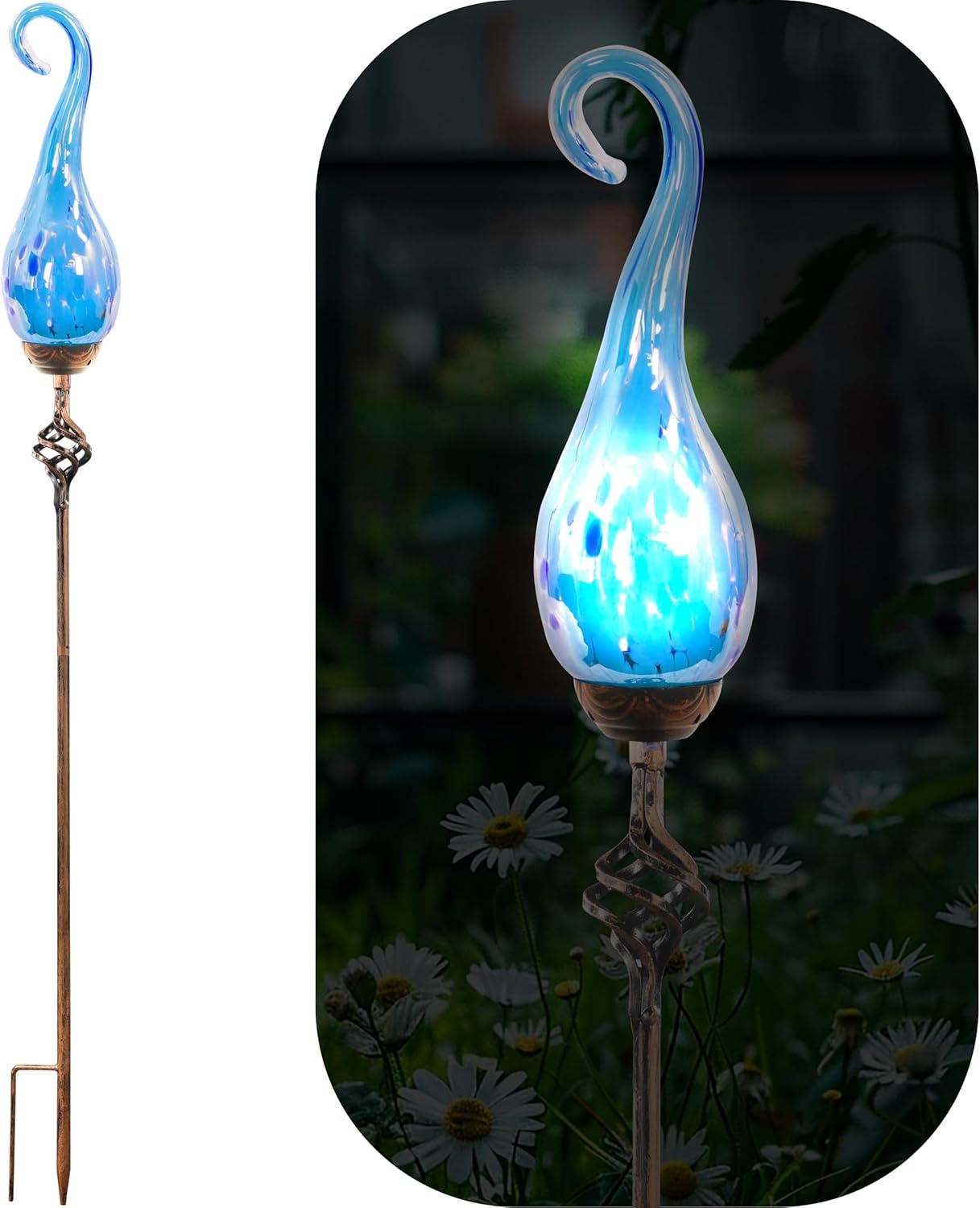 Garden Solar Lights Outdoor, Decorative LED Pearlized Glass Spiral Garden Stake with Finial, Hand Blown Glass and Metal Outdoor Decoration, 3 x 36 Inch (Light Blue)