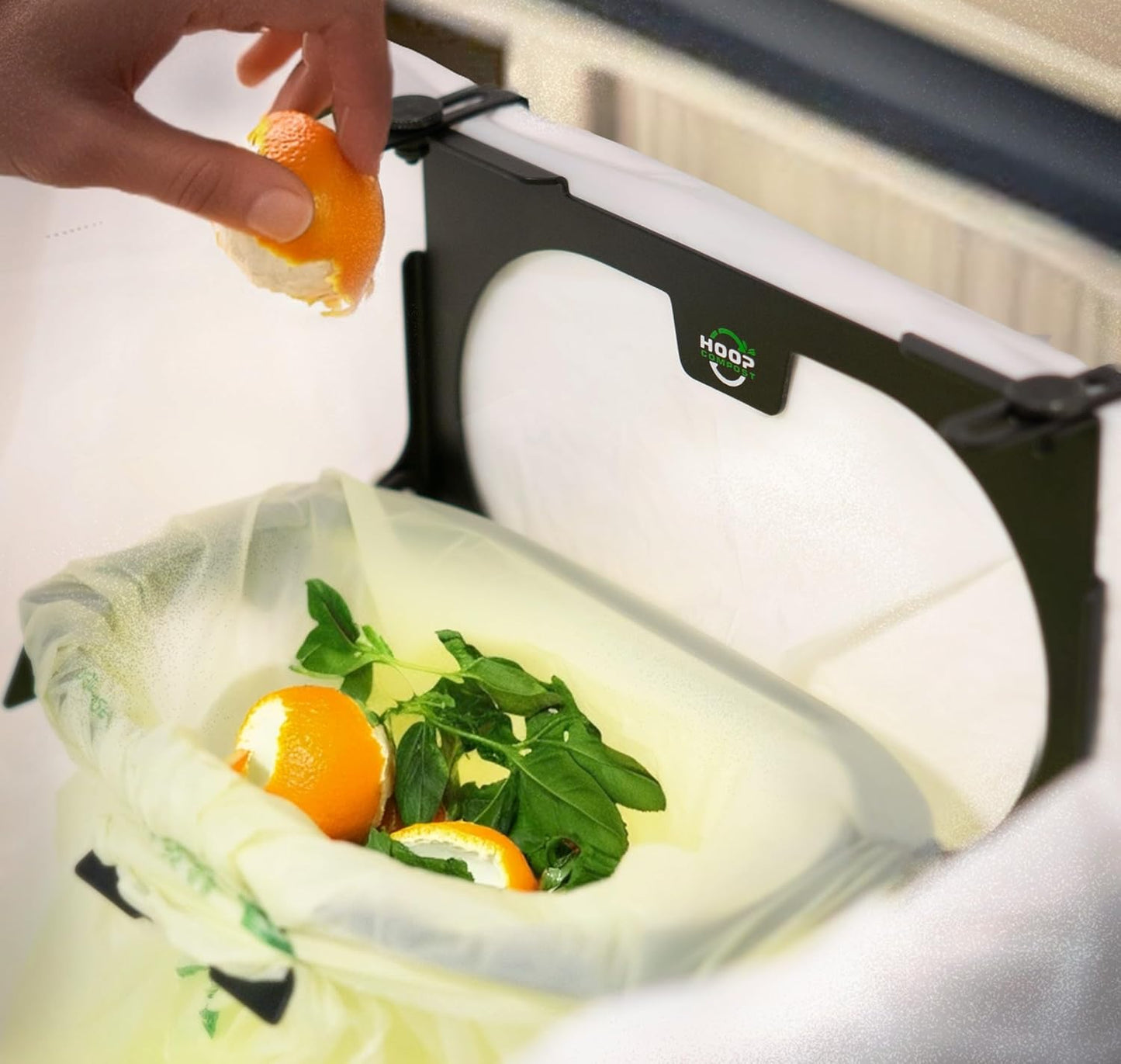 Hoop Metal Compost Bag Holder + 25 Compost Bags 3 Gallon, Clips to Kitchen Trash Can, Kitchen Cabinet Door, Replaces Countertop Compost Bin, Hanging Trash Can.