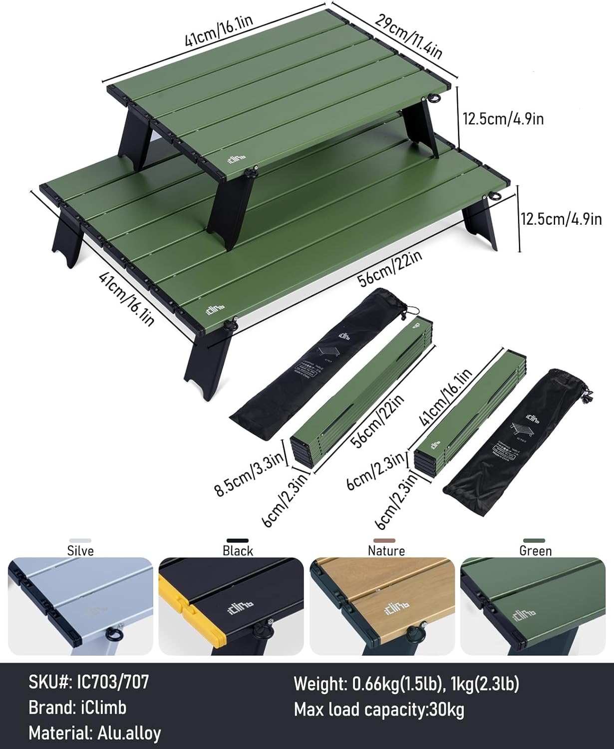 iClimb Ultralight Compact Mini Beach Picnic Folding Alu. Table with Carry Bag, Two Size (Green, L)