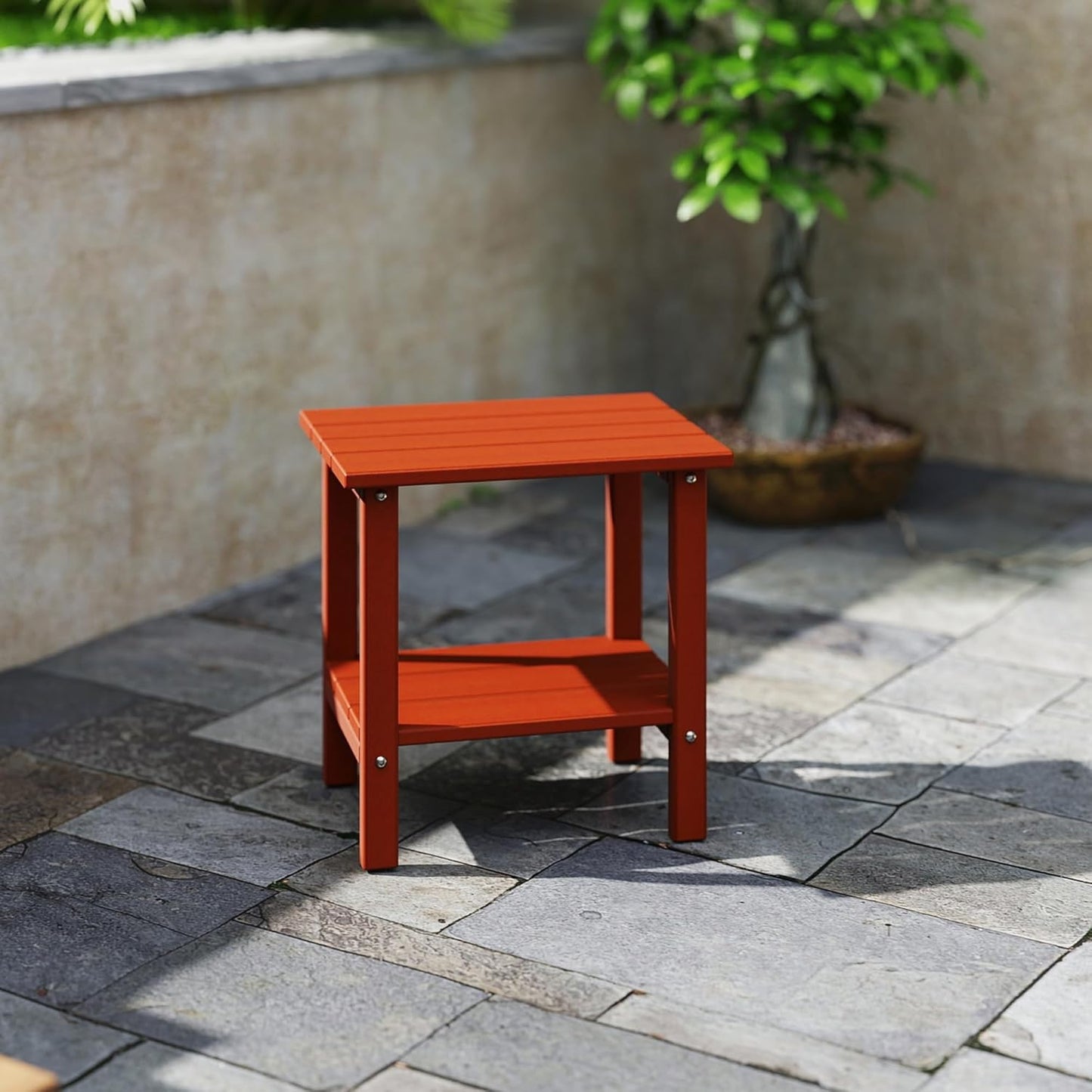Outdoor Side Table, 2-Tier Small Outdoor Table for Patio, Adirondack Side Tables for Outside or Indoor, Patio End Table for Pool, Porch, Weather Resistant Easy Maintenance-Red