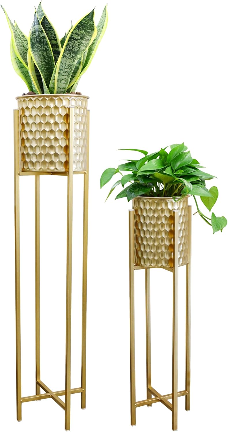 TRIROCKS Set of 2 Planters with Stand Indoor Outdoor Metal Gold Planters for Indoor Plants 30 &40" Tall Morden Planters Flower Pots for Living Room Corner Kitchen Office Garden Balcony Patio Decor