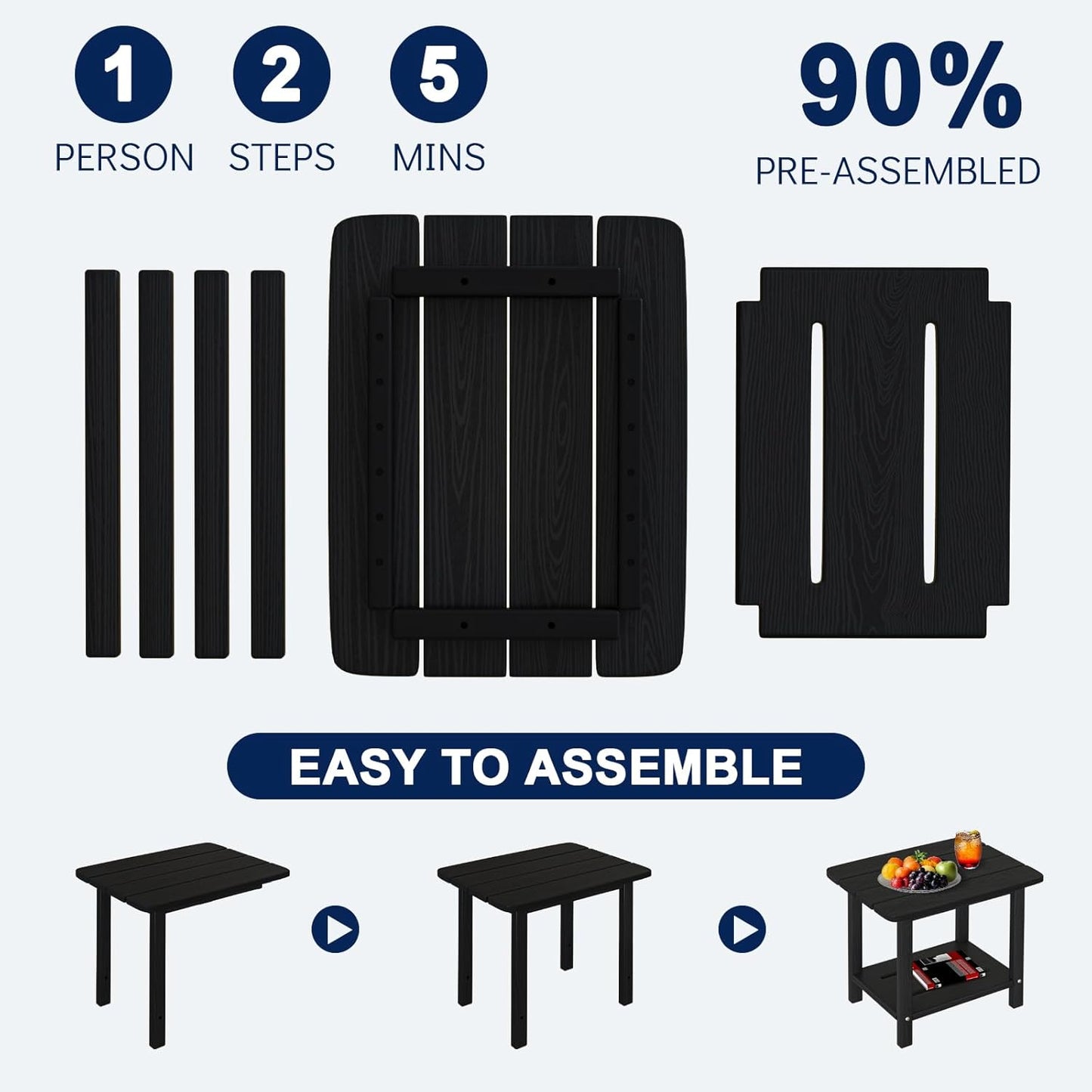 Adirondack Square Side Table - 18.4" Large Panel HDPE Outdoor End Table - Weatherproof, Rustproof & Low Maintenance for Patio, Lawn, Pool, Indoor Use (Black)