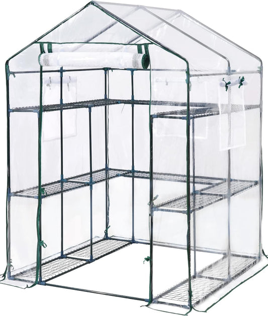 KING BIRD Premium Greenhouse for Outdoors, 56 x 56 x 77 Upgraded PVC Cover & Steel Frame Walk in Hot House, w/ Zippered Screen Windows Mesh Door, 3 Tiers 14 Shelves for Outside Garden, Clear