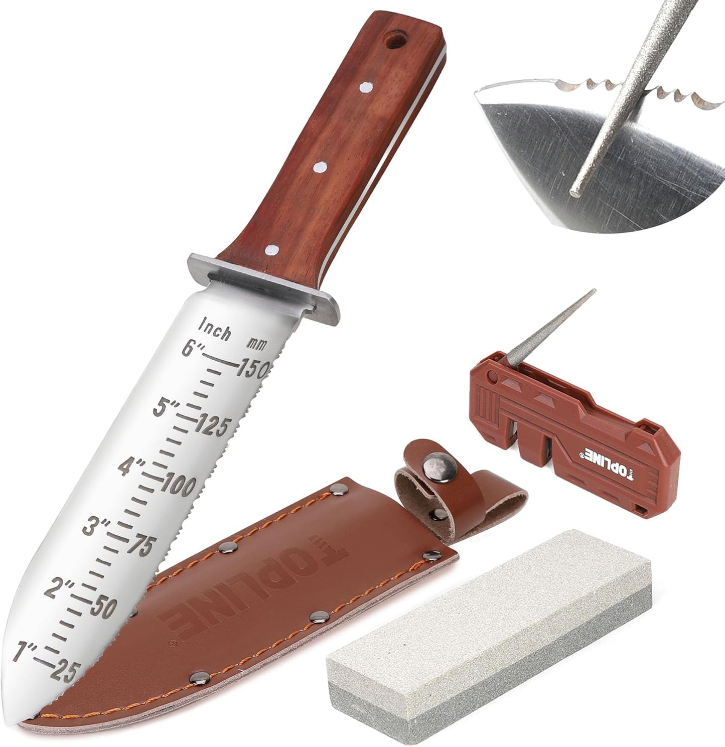 Topline Hori Hori Garden Knife, Double-edge Stainless Steel Blade, Garden Knife with Leather Sheath for Digging, Weeding, Planting, Sharpener, Sharpening Stone Included