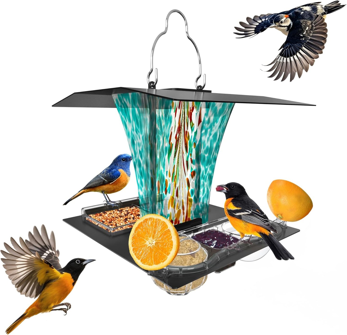 LUJII 6-in-1 Solar Bird Feeder with RGB String Lights, Hand Blown Glass, 2 Removable Trays for Bird Seed, Suet Ball, Mealworm, Oriole Orange Fruit, Jelly or Water, Teal