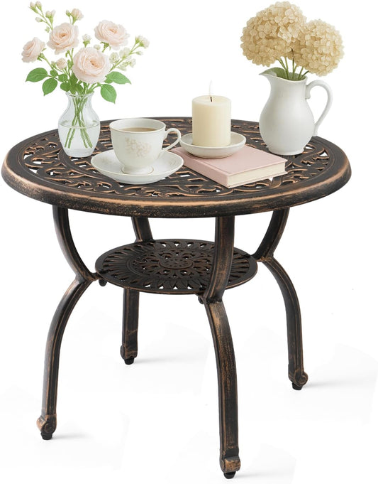 Outvita Patio Side Table, 23.6in Outdoor Round Cast Aluminum Bistro Table and Antique Design for Backyard Porch Pool Balcony Deck Bronze