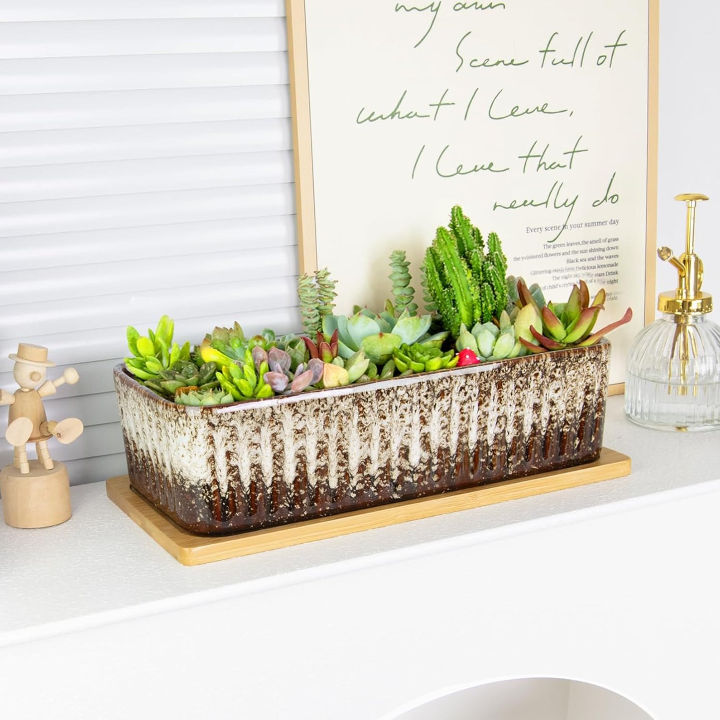 Succulent Pots - 12 Inch Large Succulent Planters with Drainage Tray, Window Sill Planter, Long Rectangle Ceramic Pots for Indoor Cactus Plants Shallow Bonsai Window Box for Home Garden Decor