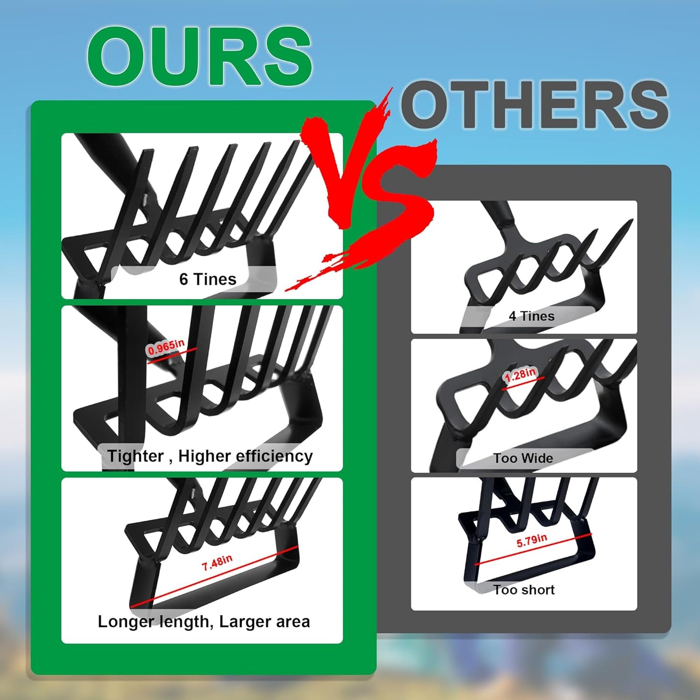 6-Tines Rake and Stirrup Hoe, Metal Garden Hula Hoes Tiller Rake Tool with Adjustable Long Handle, Action Scuffle Loop Hoe for Weeding, Digging, Loosening Soil