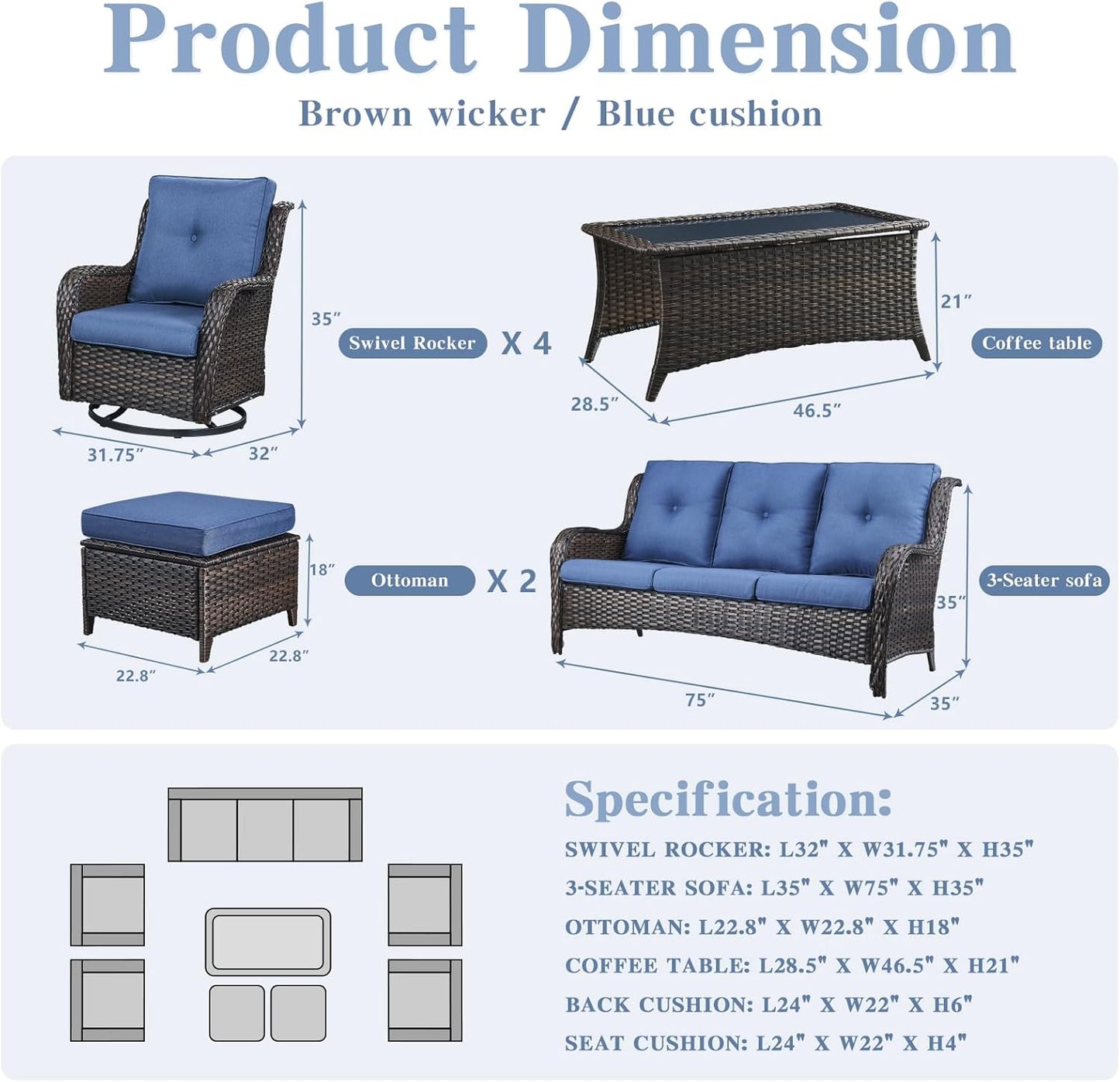Wicker Patio Furniture Sets - 8 Piece Outdoor Rattan Furniture Conversation Sets with 4 Swivel Rocker Chairs, Rattan Sofa, Wicker Ottomans and Coffee Table, Brown/Blue