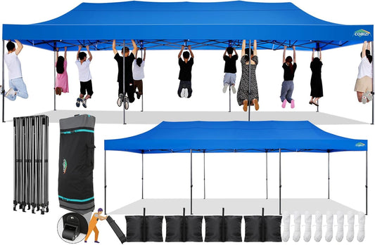 COBIZI 10x30 Pop Up Canopy Without Sidewall,Heavy Duty Canopy UPF 50+ All Season Wind Waterproof Commercial Outdoor Wedding Party Tents for Parties Gazebo with Roller Bag(10 x 30 ft Blue)