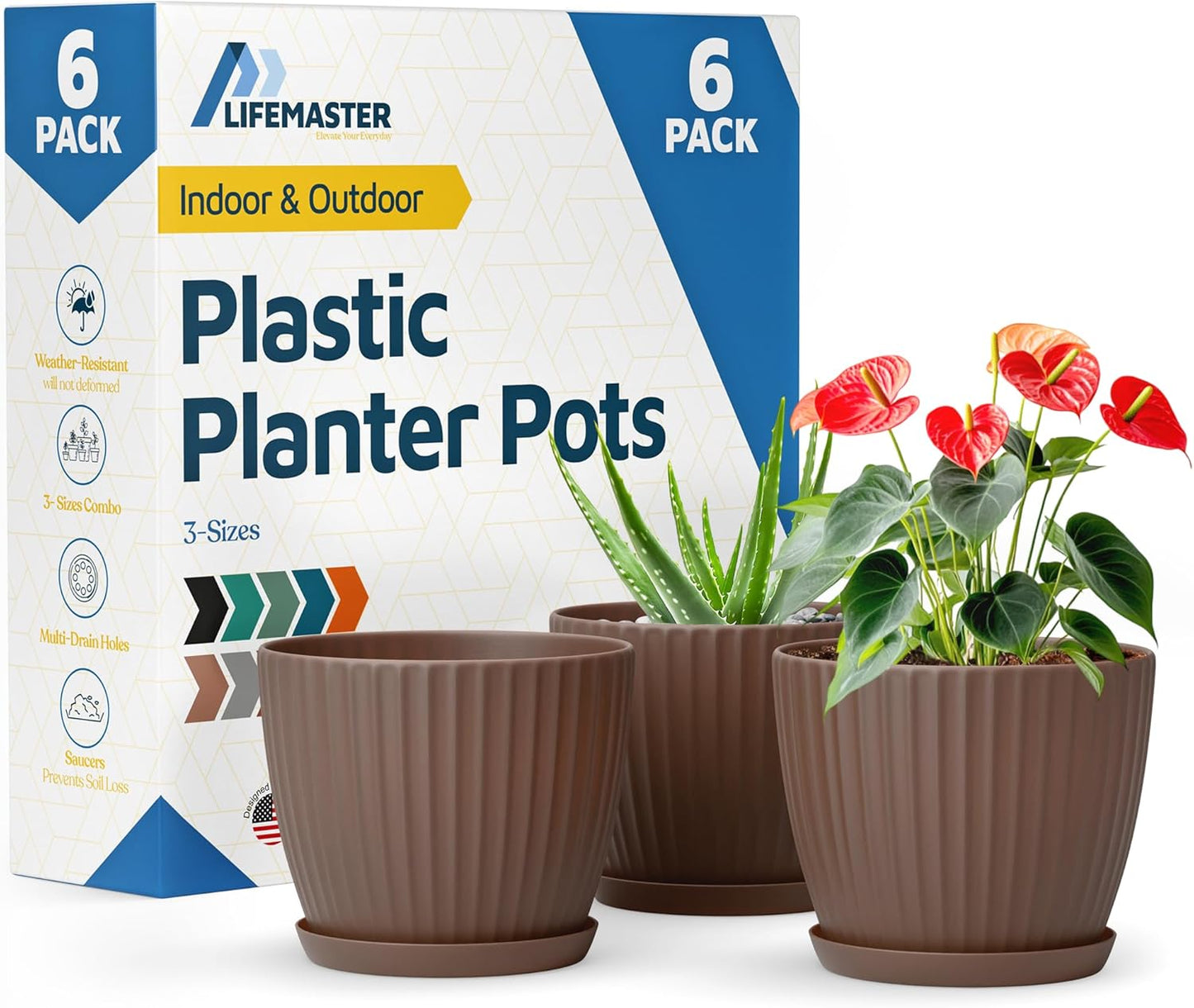 Brown 6-Inch Plant Pots with Drainage & Saucers 6 Pack, Indoor & Outdoor Planters for Houseplants, Herbs, and Flowers, Durable & Weatherproof Material, Stackable, Lightweight, Minimalist Design
