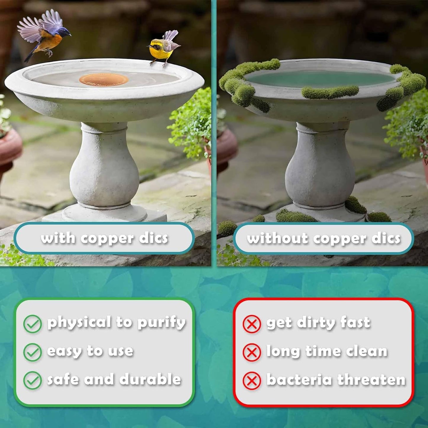 Upgraded 0.6mm/0.02in Bird Bath Copper Disk, Double Sided Frosted Pattern Copper Cleaning Disk, High Pure Copper Cleaner, Safe Clean Disc for Outdoor Birdbaths Bowl, All Season (2 PCS)