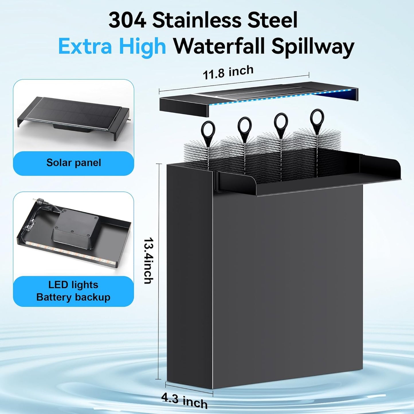 POPOSOAP Pond Waterfall Spillway Kit with LED Lights, 13.4" H x 12" W Stainless Steel Spillway with 660GPH Pond Pump, Filtration, 10FT Corrugated Tubing Waterfall for Water Garden, Backyard, Pool