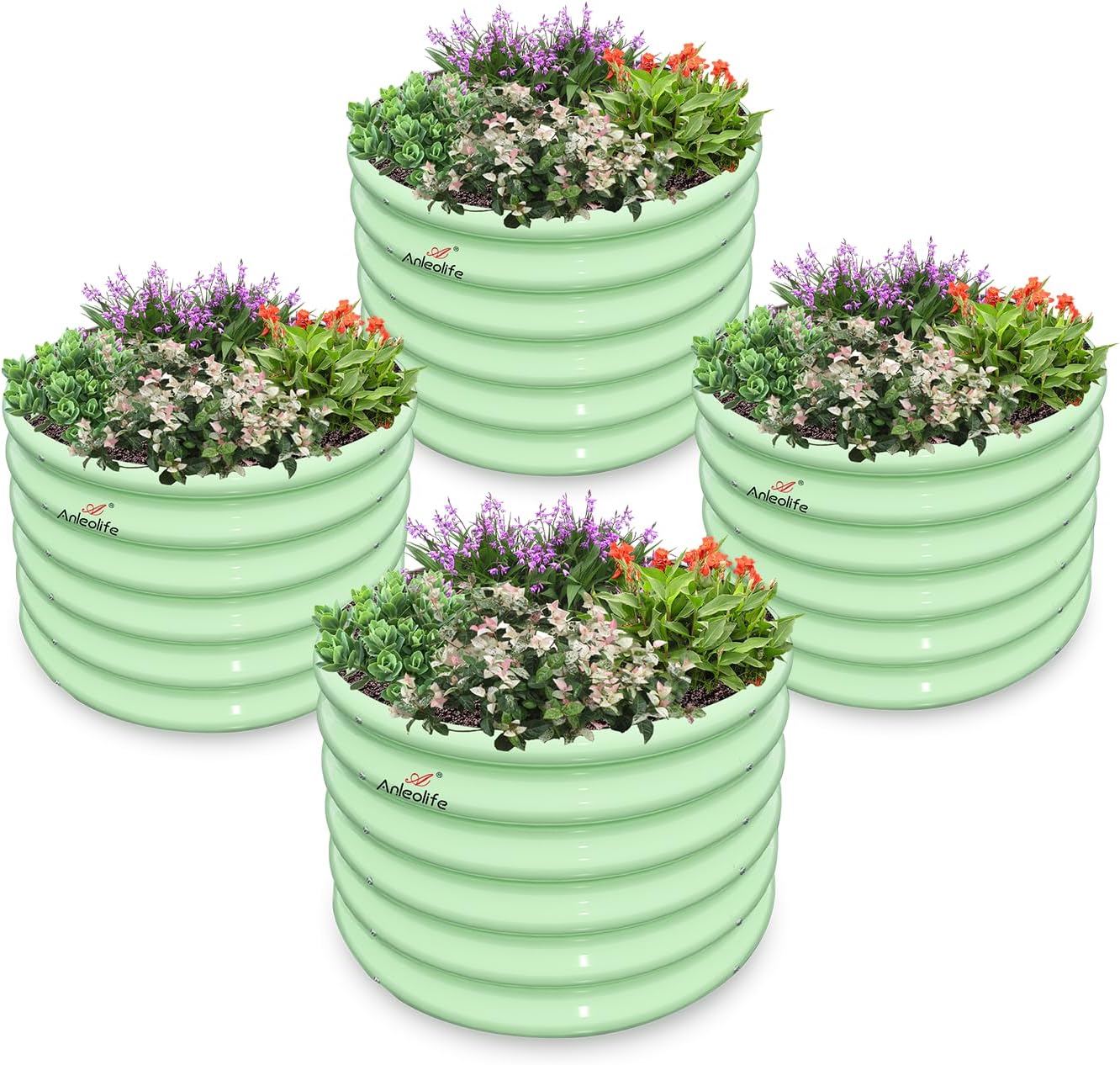A ANLEOLIFE Kids Raised Garden Beds Outdoor (4-Pack)-24x24x18in Round Galvanized Metal Planter Box for Planting Vegetables, Flowers, Fruits, Eco-Safe & Easy Setup, Mint Green