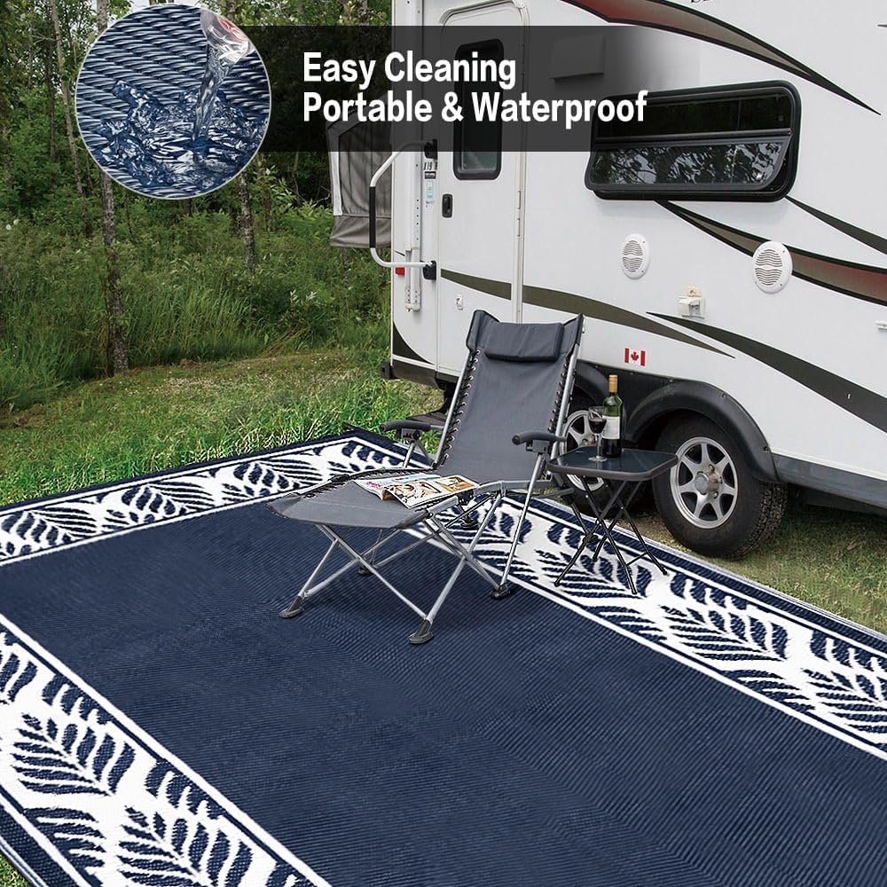 Outdoor Plastic Straw Rug, Waterproof Mat, Washable Large Floor Mat and Rug for Outdoors, RV, Beach, Patio, Camping, Backyard, Deck, Picnic, Outside (Olive-Leaf/Dark Blue&White,9x12ft)