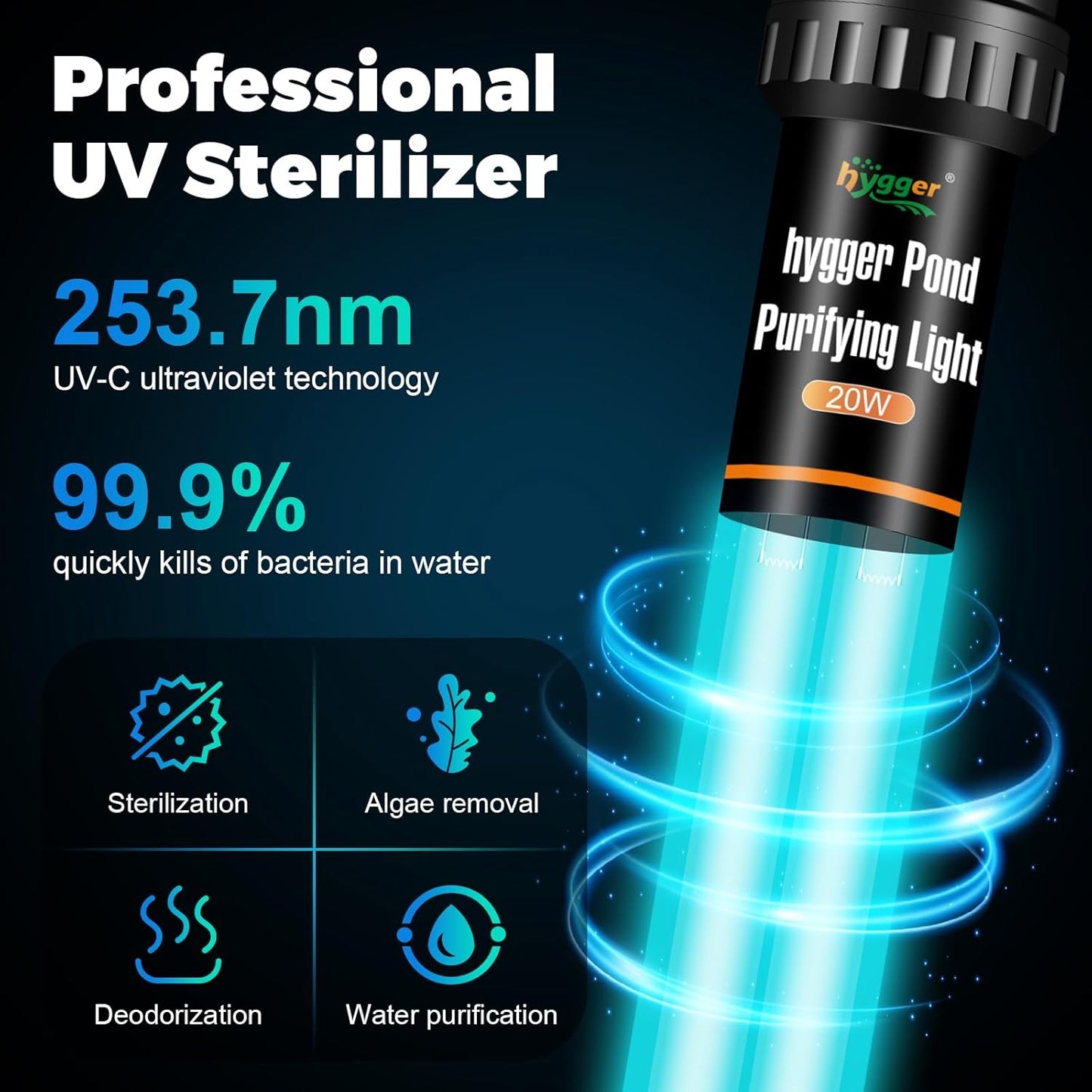 hygger 20W Aquarium U-V Light for 100-1200 Gallon, Pond Water Clarifier for Green Water and Algae Clean, for Koi Pond, Large Fish Tank, Swimming Pool, Cold Plunge, Spa