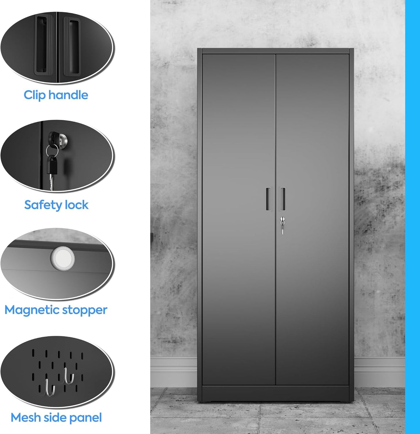 27.55 in Wide Garage Storage Cabinet, Metal Storage Cabinet with Pegboards and 4 Adjustable Shelves, Garage Storage System with Lockable Door for Offices, Gyms and Pantries, Black