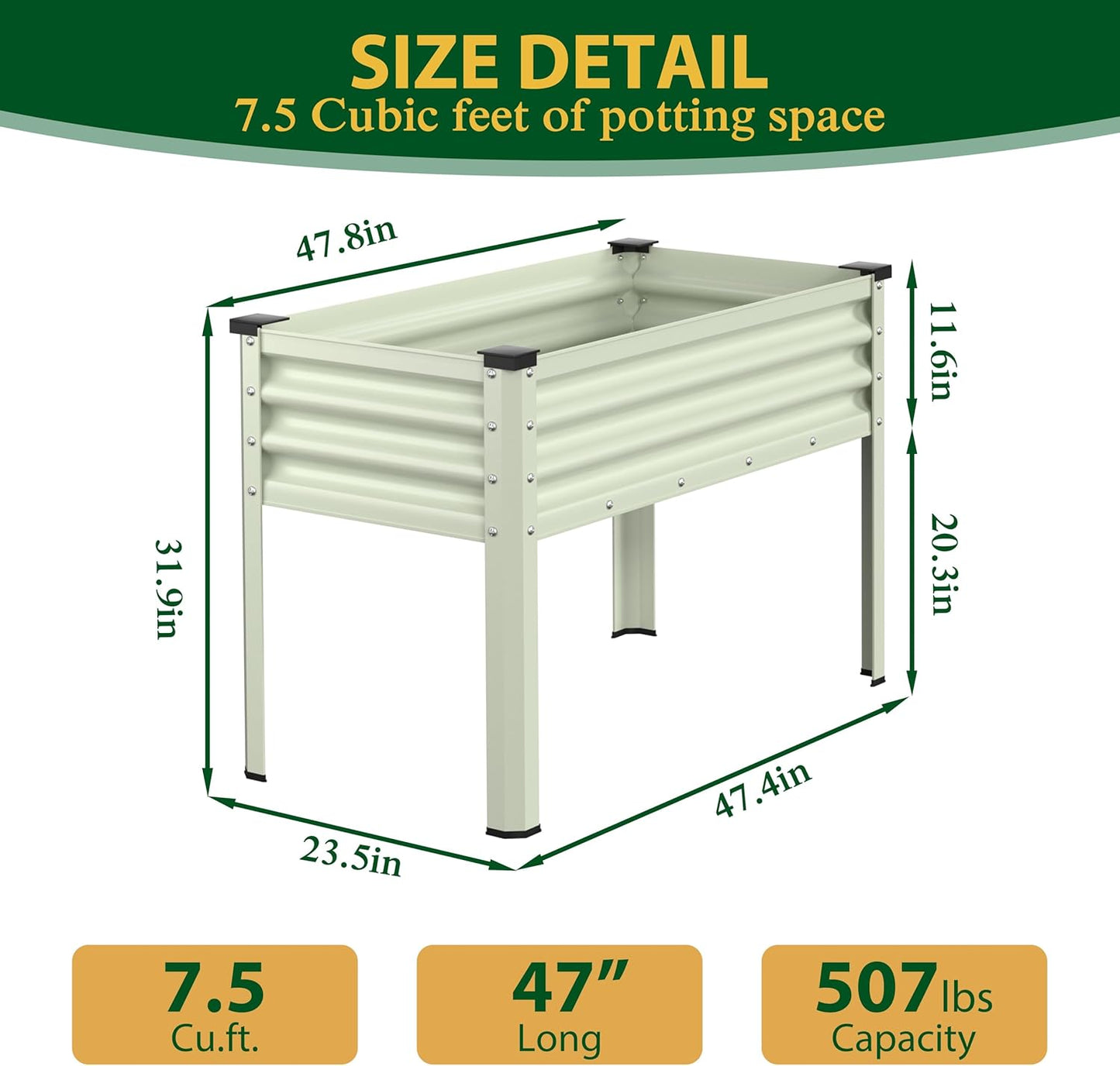 MUPATER 47.8" L x 23.5" W x 31.9" H Galvanized Steel Raised Garden Bed, 507lbs Capacity Large Metal Elevated Raised Planter Box with Legs & Detachable Black Liner for Patio, Balcony, Beige