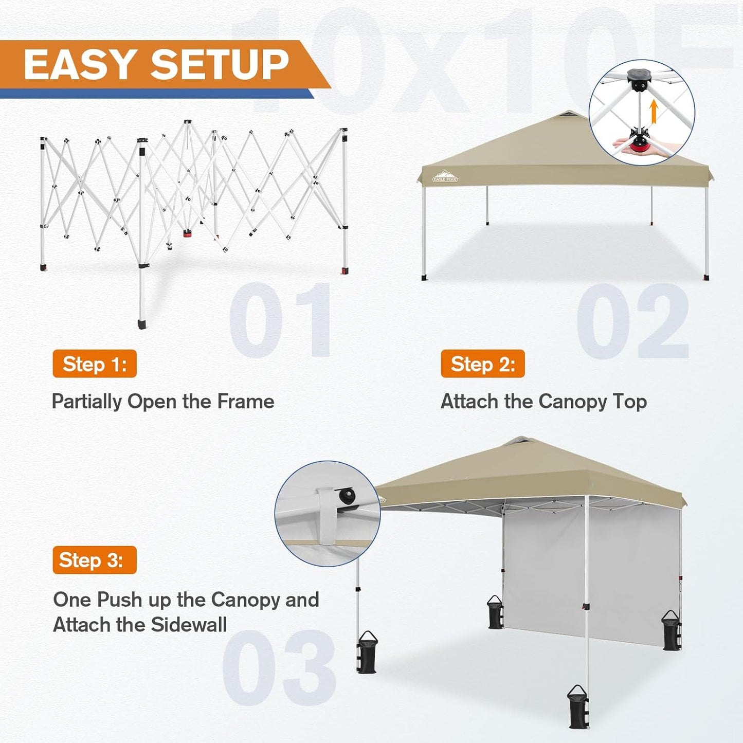 EAGLE PEAK Pop Up Canopy Tent with 1 Sidewall, Easy Setup Event Tent, Outdoor Sun Shade, Wheeled Carry Bag, Stakes and Guy Ropes, Instant Canopy 10x10, Light Beige