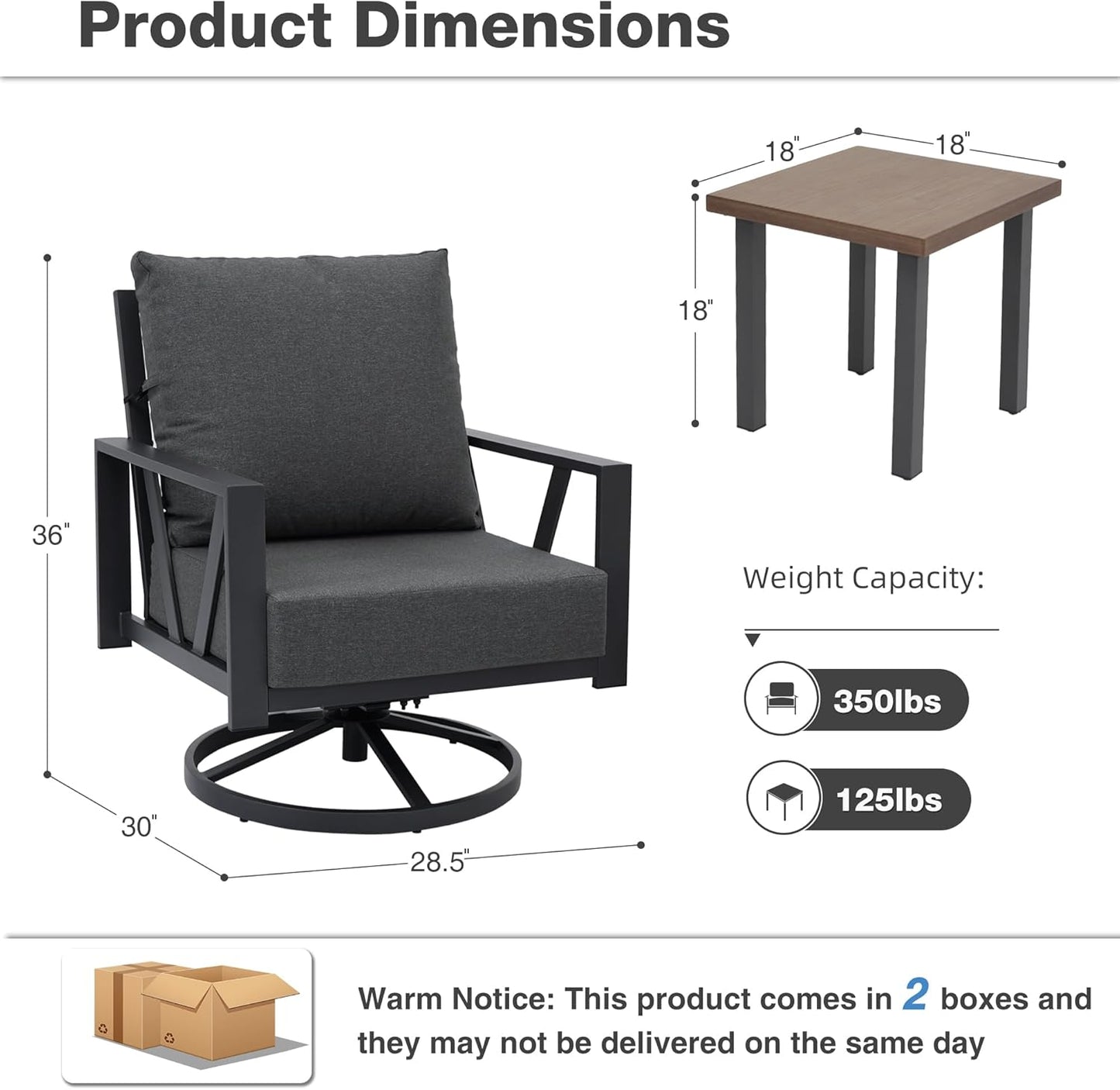 Outdoor Patio Swivel Rocking Chairs Set, Patio Porch Furniture with 6" Thick Cushions, 3 Pieces Outdoor Bistro Set with Coffee Table for Balcony, 350lbs, Dark Grey
