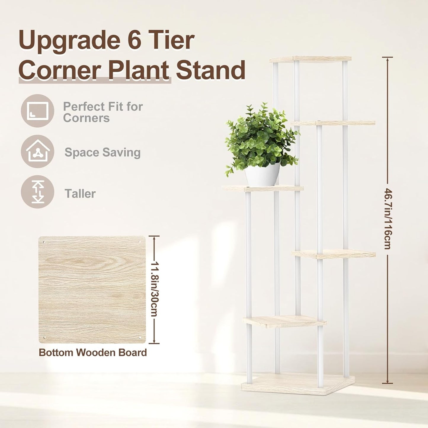 6 Tier Tall Plant Stand Indoor, Large Metal Wood Muti Level Vertical Planter Shelf Orchid Holder for Narrow Corner, Sturdy Heavy Duty Flower Display Rack for House Decor Living Room Bedroom, White