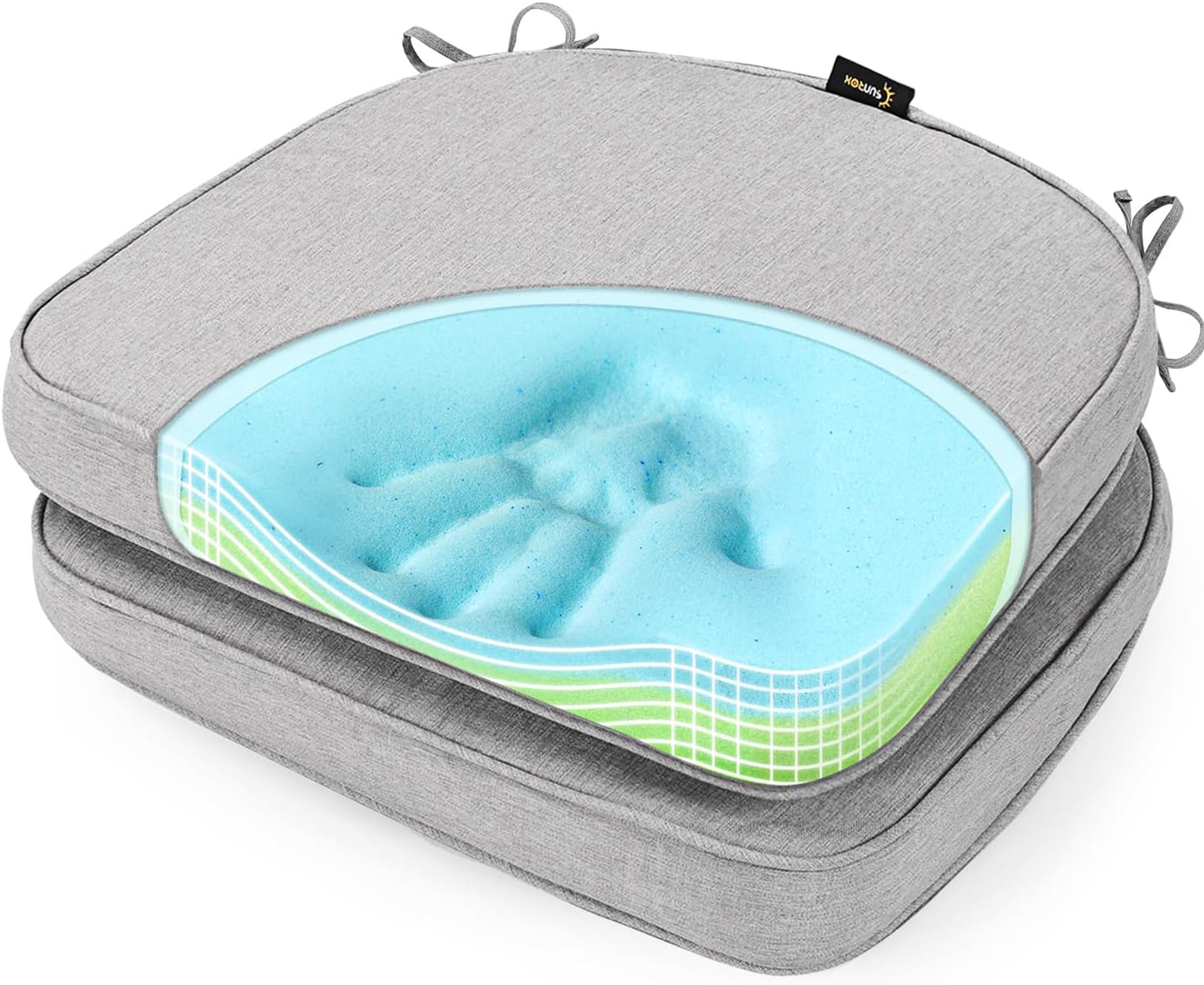 SUNROX Gel Memory Foam Chair Cushions, FadeShield Water-, Stain-Resistant Durable Reversible Seat Cushion Pads with Ties for Indoor/Outdoor Kitchen Dining Office 17"x16" Set of 2, Heather Grey