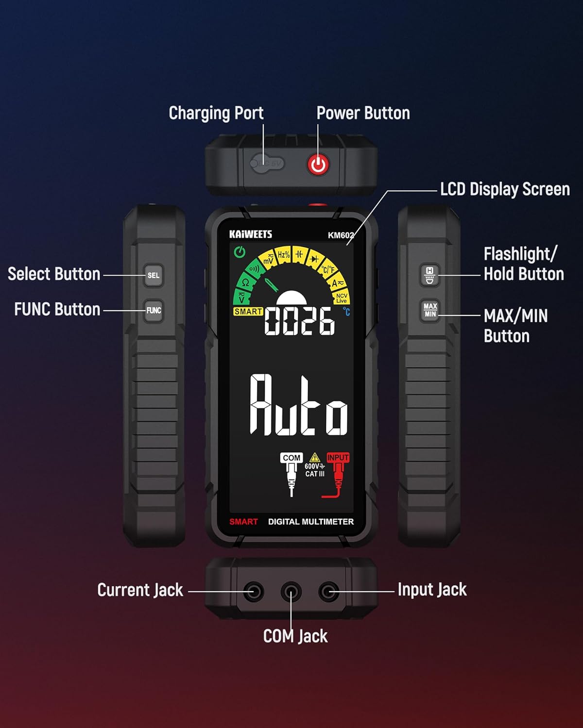 KAIWEETS Smart Multimeter Rechargeable Electrical Tester with Auto Ranging Digital Voltmeter Measures Voltage Current Resistance Continuity Capacitance Temperature Frequency NCV 6000 Counts TRMS