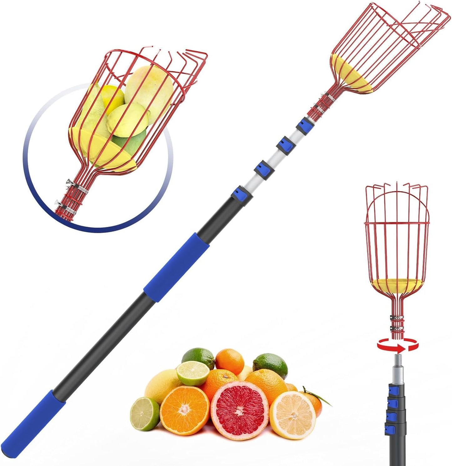 26FT Reach Fruit Picker, 5-20 Foot Sturdy Aluminum Telescoping Fruit Picker Extension Pole with Metal Twist-on Basket, Suit for Apple Pear Lemon Mango Guava Orange Avocados Tree Fruit Picking