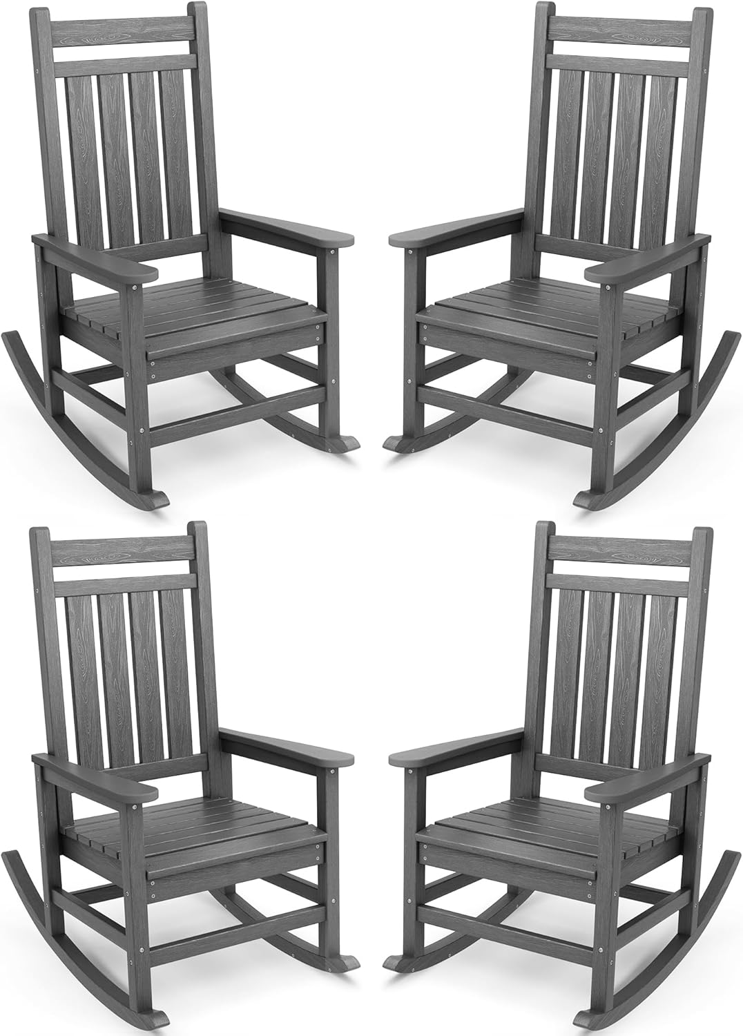 SERWALL Outdoor Rocking Chair Set of 4, HDPE Rocking Chairs for Adult, All Weather Porch Rockers for Lawn Garden, Grey