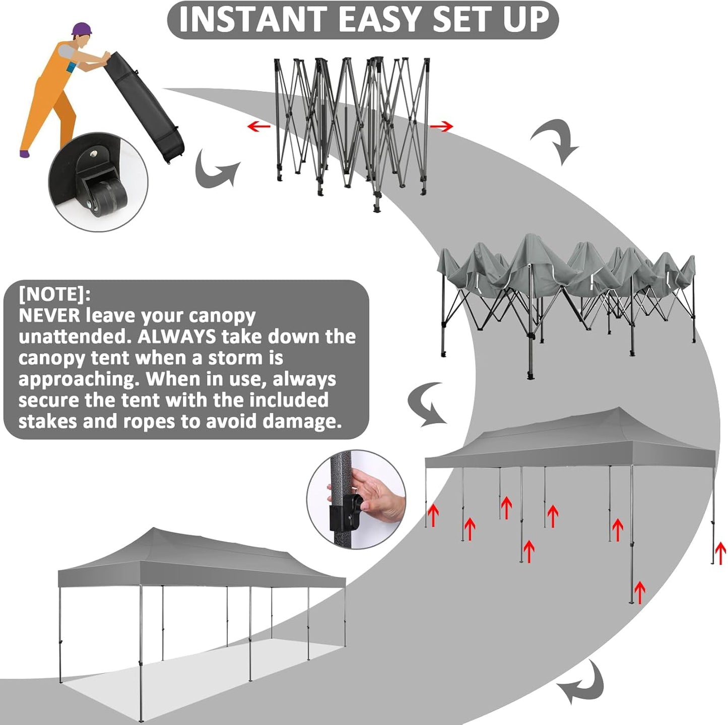 COBIZI 10x30 Pop Up Canopy Without Sidewall,Heavy Duty Canopy UPF 50+ All Season Wind Waterproof Commercial Outdoor Wedding Party Tents for Parties Canopy Gazebo with Roller Bag(10 x 30 ft Gray)