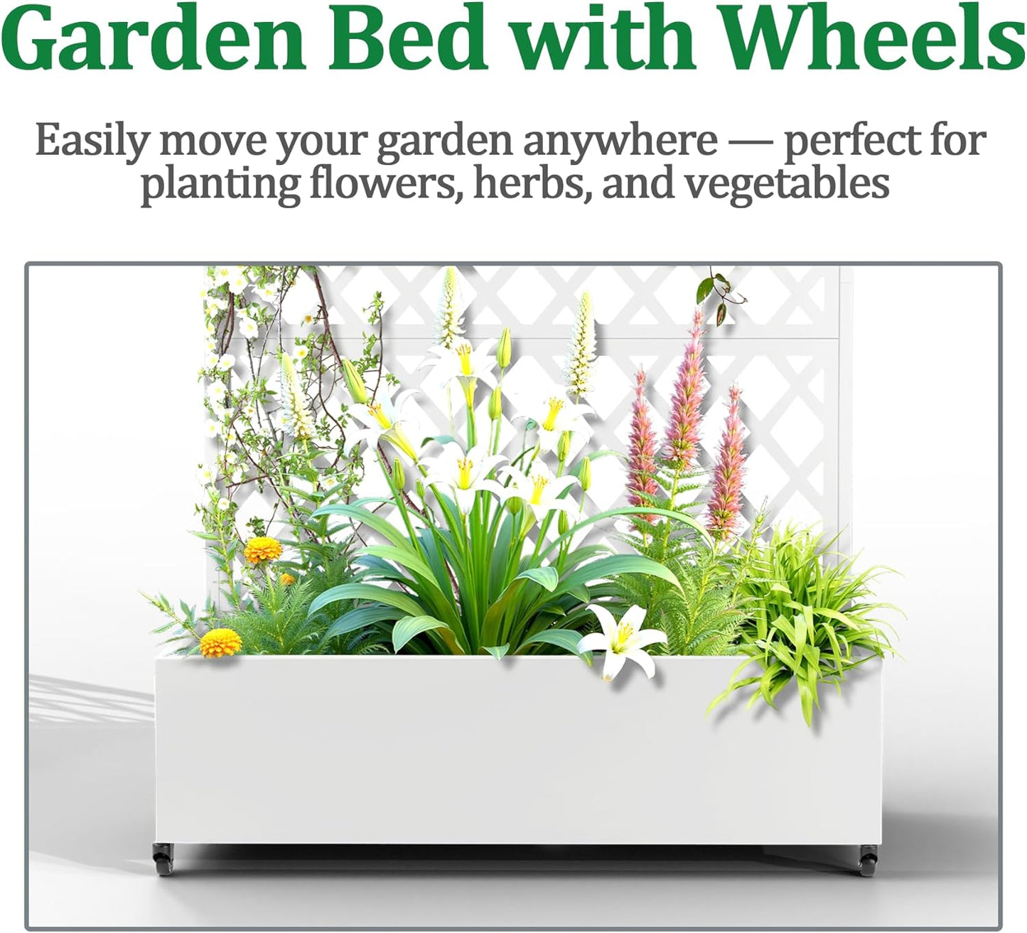 Metal Raised Garden Bed with Trellis and Wheels, 2 in 1 Trellis with Planter Box & Privacy Screen for Climbing Plants, Outdoor Standing Flower Beds with Drainage Holes, 47.2''L×15.7''W×70.9''H, White