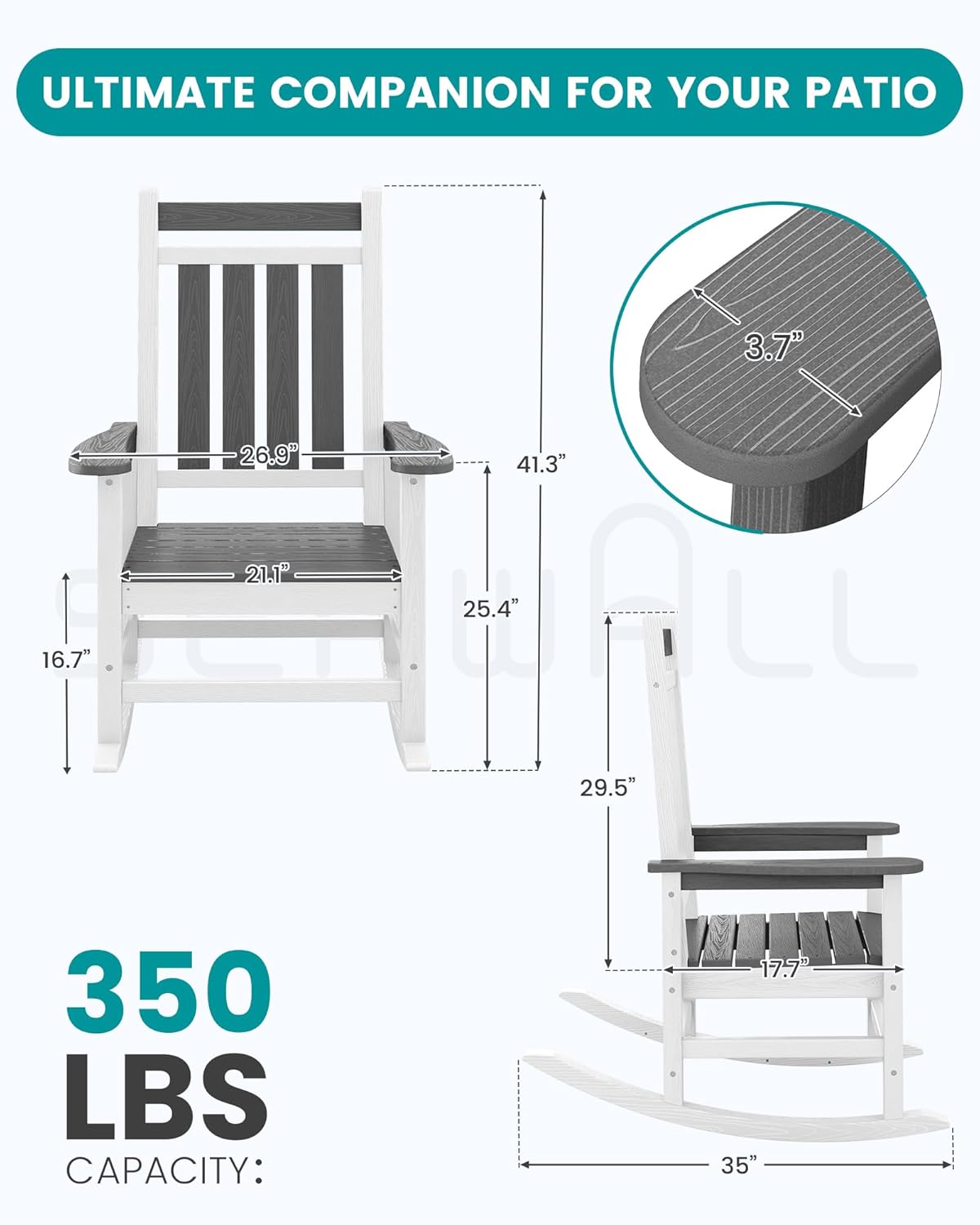 SERWALL Outdoor Rocking Chair Set of 2, HDPE Rocking Chairs for Adult, All Weather Porch Rockers for Lawn Garden, Gray & White