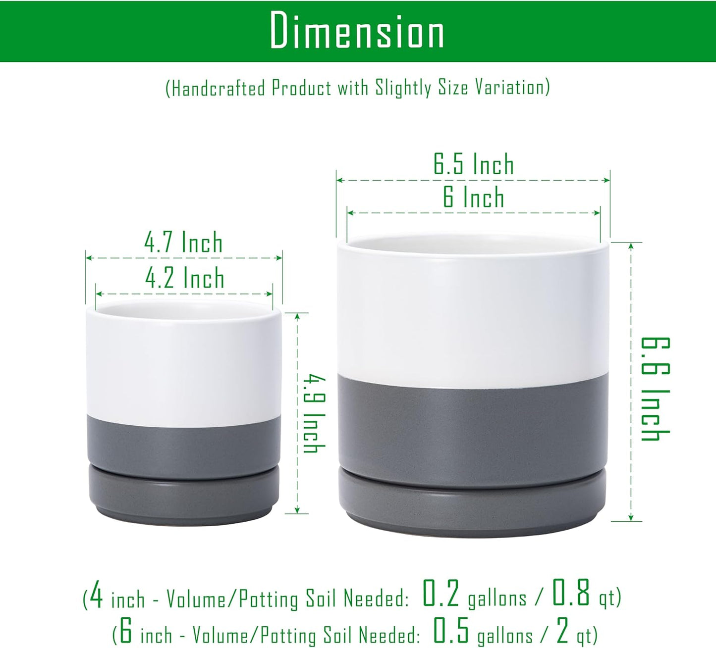 D'vine Dev 4.7 Inch & 6.5 Inch Ceramic Planter Pots for Plants with Drainage Hole and Saucer, Small Plant Pots Set, White/Speckled Grey, 94-G-S-6