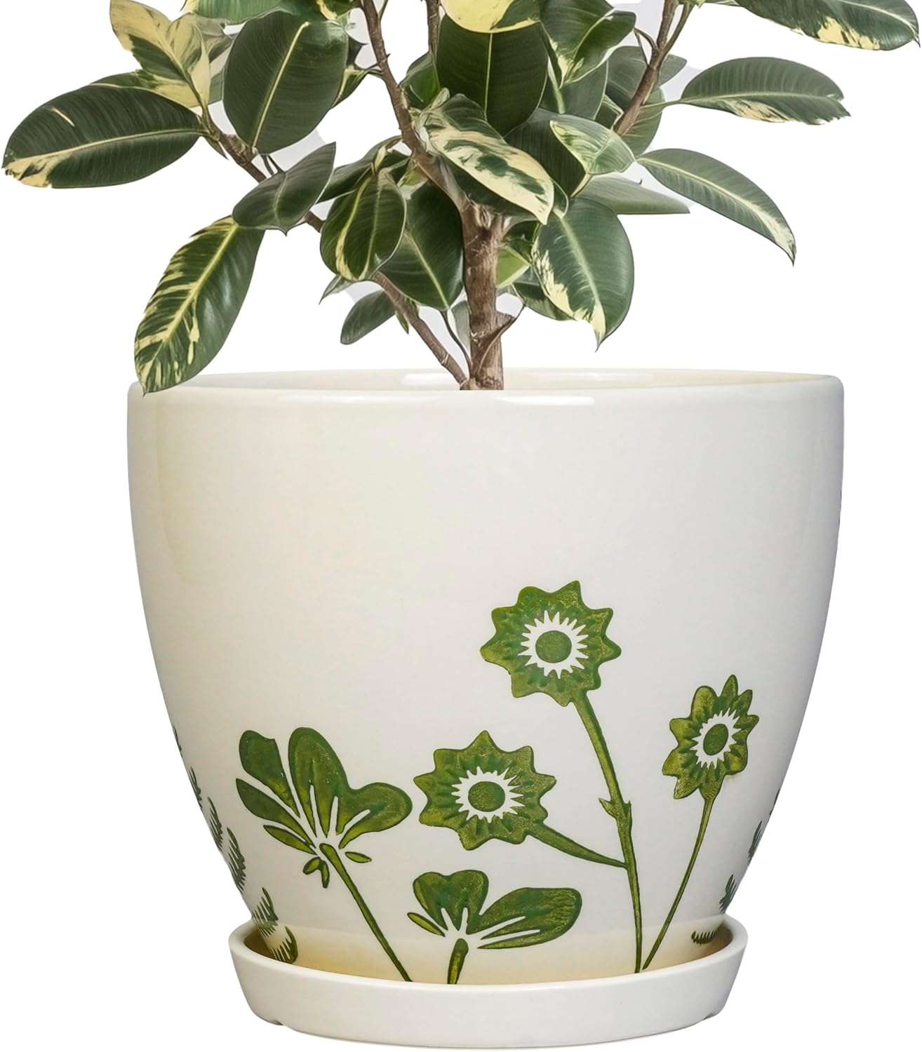 Ceramic Plant Pot 10 Inch - Ceramic Planter for Indoor Outdoor Plants, Decorative Boho Round Planter with Drainage Hole and Saucer, Housewarming Gifts, Office Garden Home Decor, White