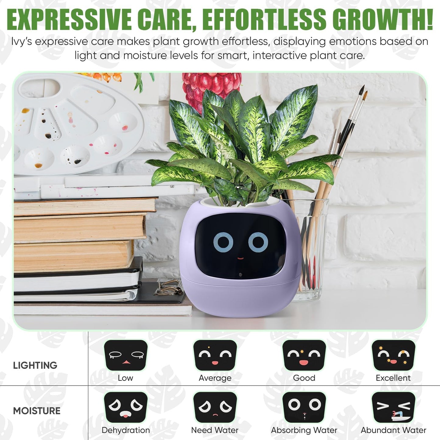 Interactive Plant Pot – Smart Planter, AI Pet Plantagotchi, tamagotchi, Leafypod and Plantiboy, Robot Flower with Feelings, Electric Maceta, Indoor Flowerpot with Water, Digital Gifts (Purple)