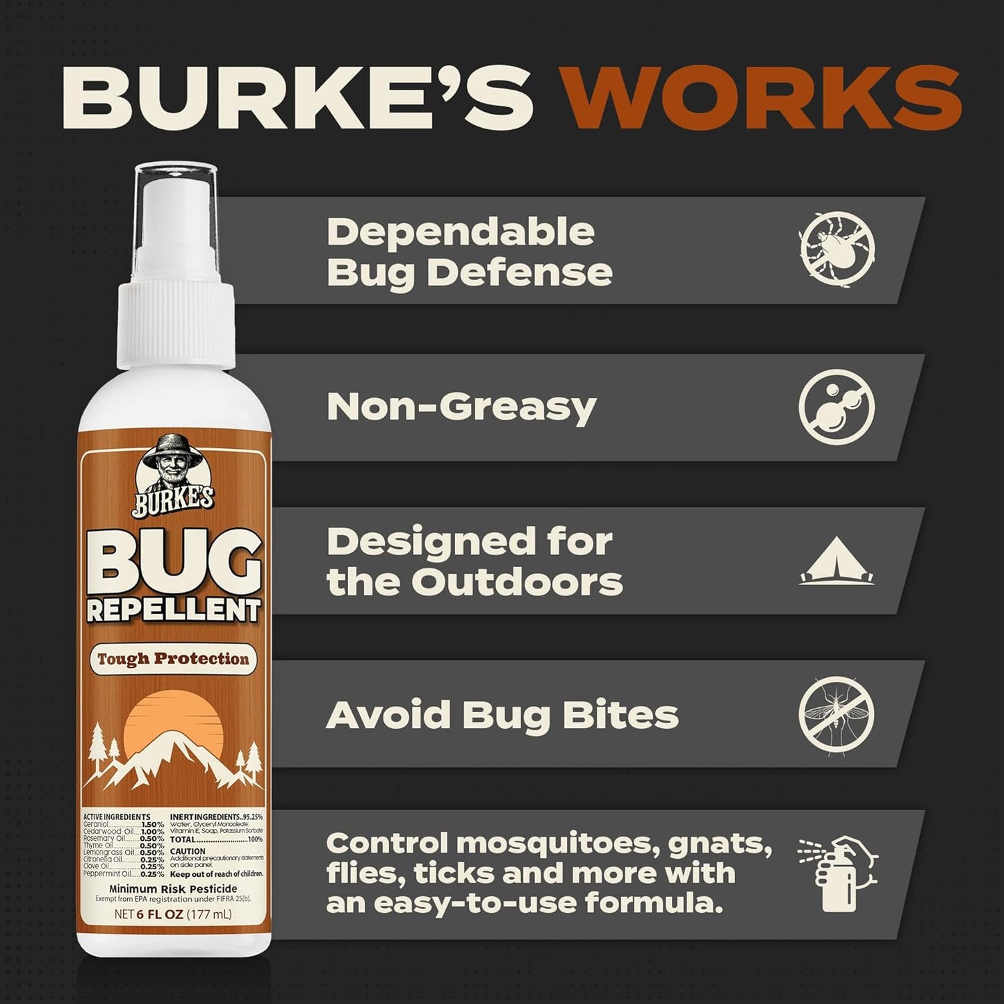 Burke’s Bug Repellent Spray – DEET-Free, Kid & Pet Safe Insect Repellent for Mosquitoes, Ticks, and Gnats – Travel Size, Natural Essential Oils, Outdoor Protection, 6 oz (180mL)
