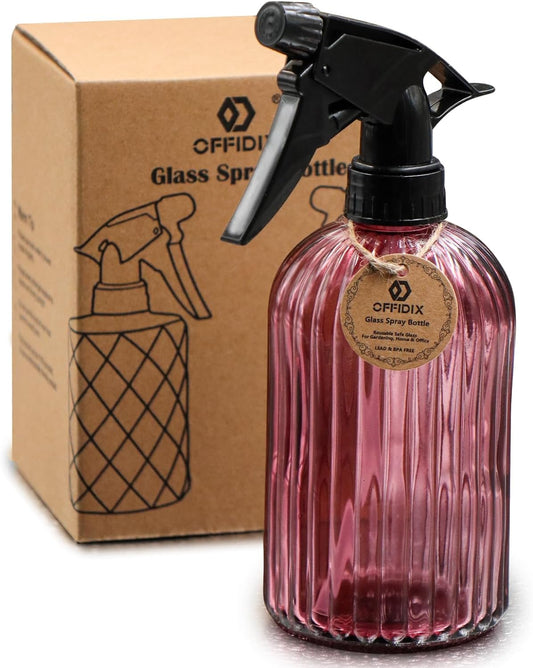 OFFIDIX Glass Spray Bottle, Pressure Watering Can, Indoor Plant Mister, Adjustable Nozzle, 0.4L/13.5oz Handheld Spray Bottle for Garden Plants Cleaning Solutions (Amaranth)