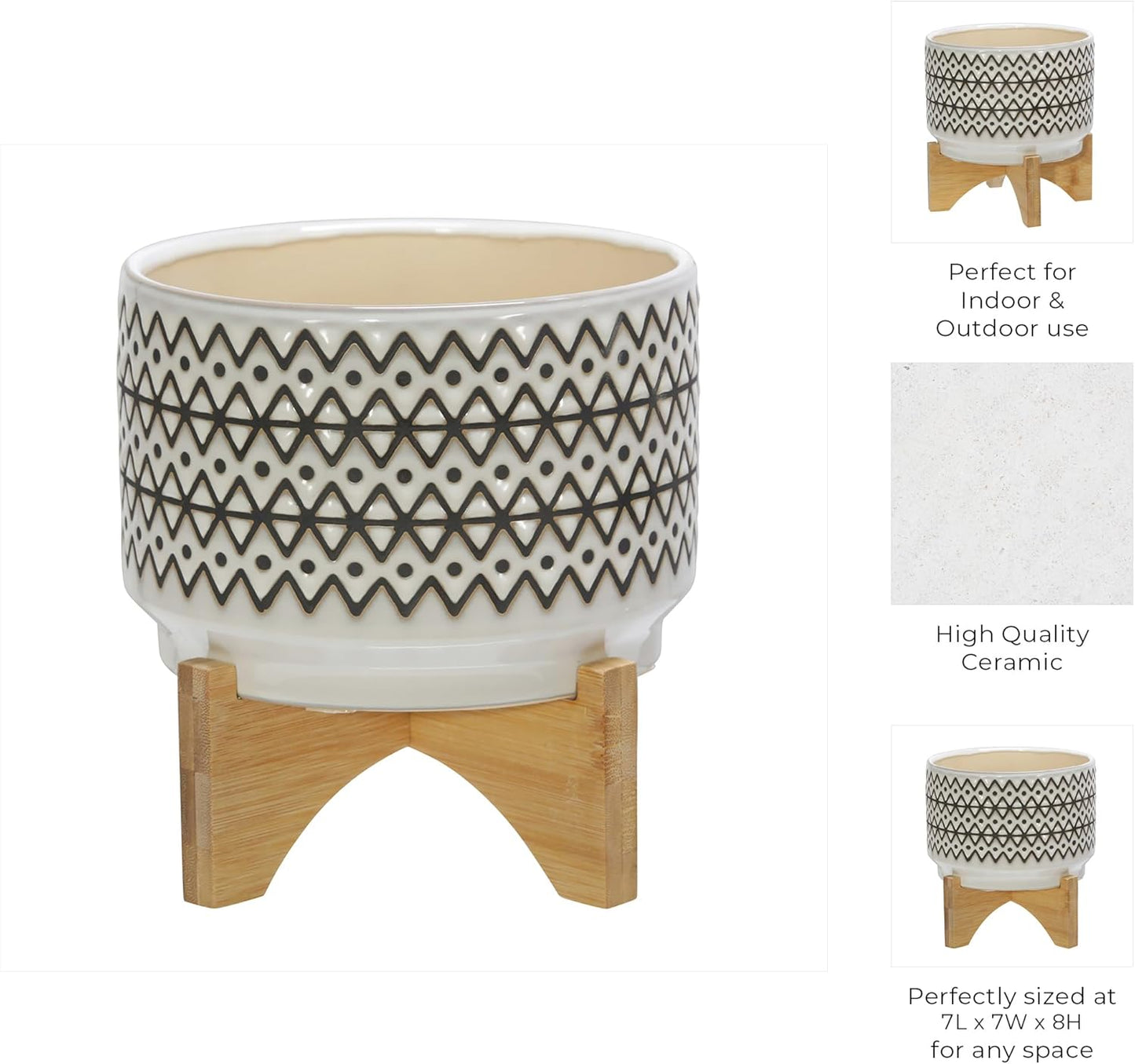 Sagebrook Home Ceramic Planter with Stand - Decorative Stoneware Pot with Wood Base - Modern Boho Indoor/Outdoor Plant Holder for Home & Garden - 8" Ivory & Tan