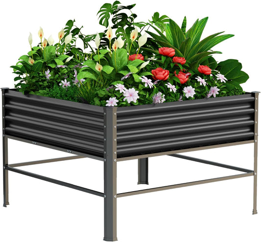 Raised Garden Bed with Legs, 48×48×32in Large Metal Elevated Raised Planter Box,1000lb Capacity with Drainage Holes for Vegetables Lawn Green Flowers, Fruits, Terrace
