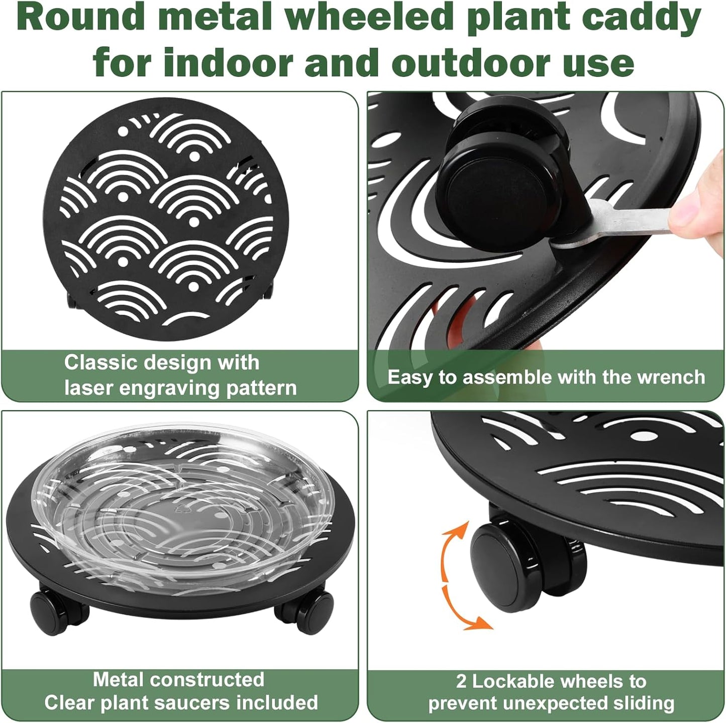 3 Packs 13.5" Large Metal Plant Caddy with Wheels Heavy-Duty Plant Dolly Pot Mover Rollers Rolling Plant Stands Indoor Outdoor Wheeled Plant Holder Coaster Trolley