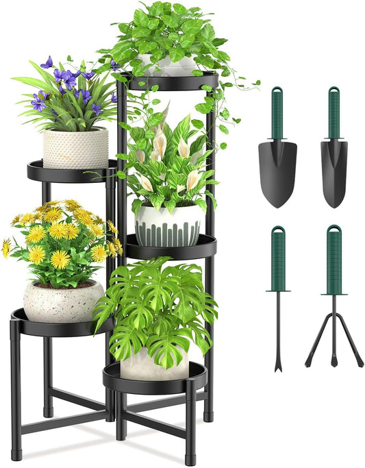 iDavosic.ly Plant Stand with Garden Tools, 5 Tier Corner Metal Flower Display Holder Shelf Indoor Outdoor, Folding Tall Orchid Rack for Patio Balcony Porch Living Room House, Black