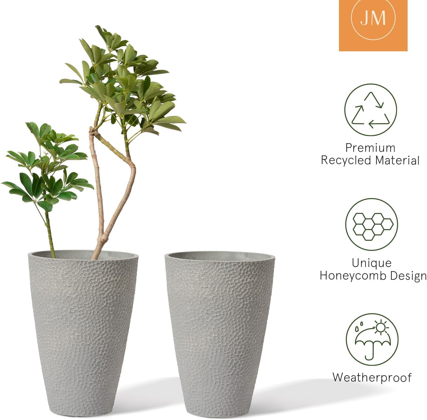LA JOLIE MUSE 20 inch Tall Planters, Tall Round Planters for Indoor/Outdoor Plants, Grey Flower Pots for Front Door,Patio and Deck,Honeycomb