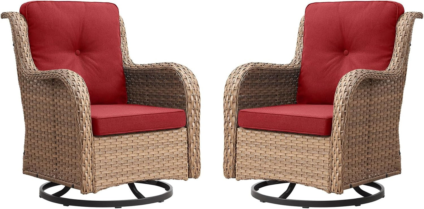 Outdoor Patio Swivel Rocker Chairs - Wicker Rattan Patio Swivel Rocking Chairs Set of 2 with High Back,Deep Seating and Comfort Cushions for Deck Porch Garden,Yellow/Red